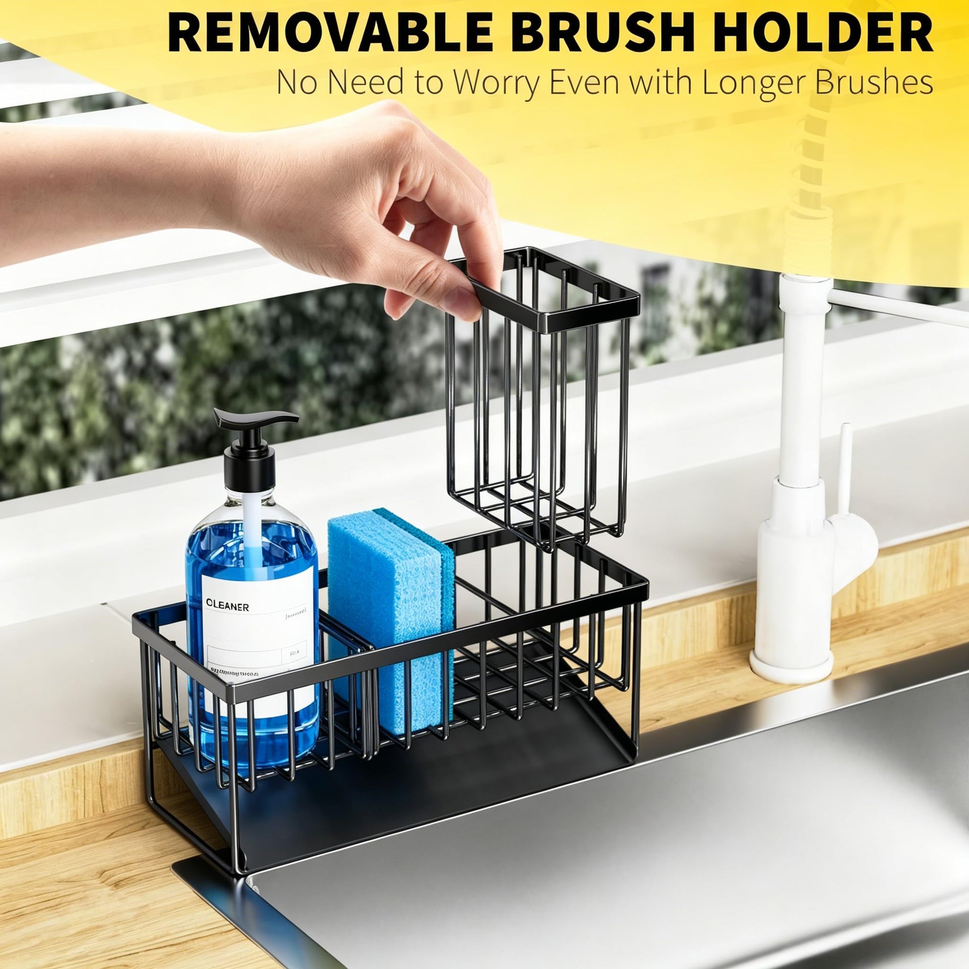 Sink Caddy Sponge Holder for Kitchen with Brush Holder and Stainless Steel Self Drain Tray