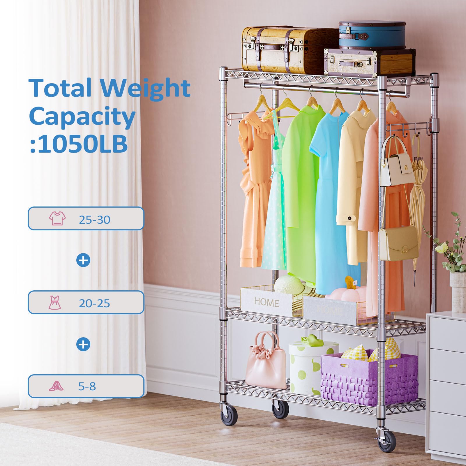 Heavy Duty Rolling Garment Rack Wire Clothes Rack for Hanging Clothes