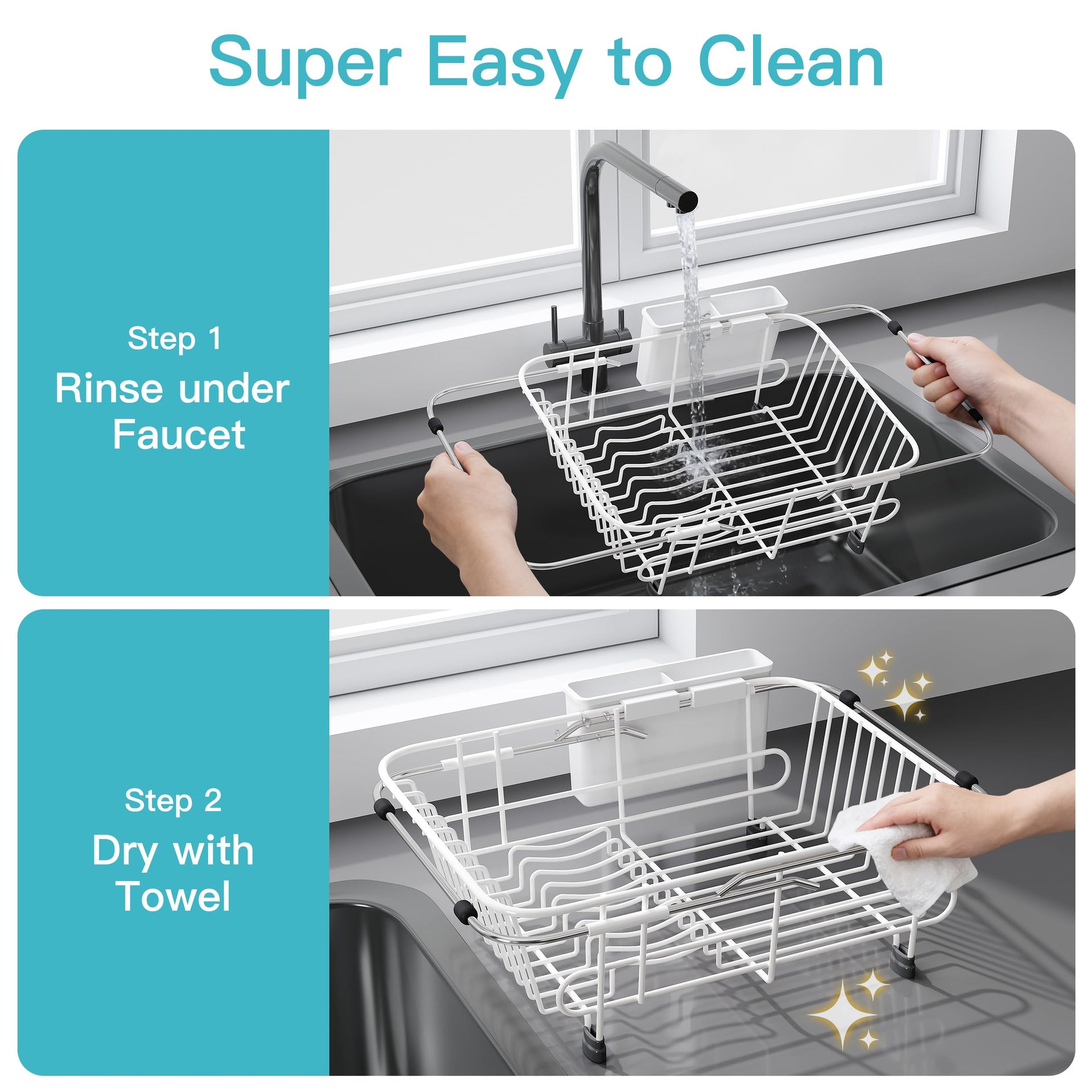 White Dish Drying Rack in Sink with Utensil Holder