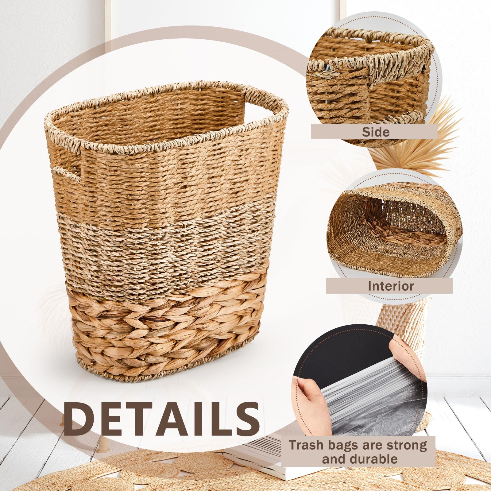 2 Pcs Wicker Trash Can with 50 Small Trash Bag Wicker Waste Woven Basket with Handles Clear Multi Use Garbage Bags for Bathroom Kitchen Bedroom (52 Count)