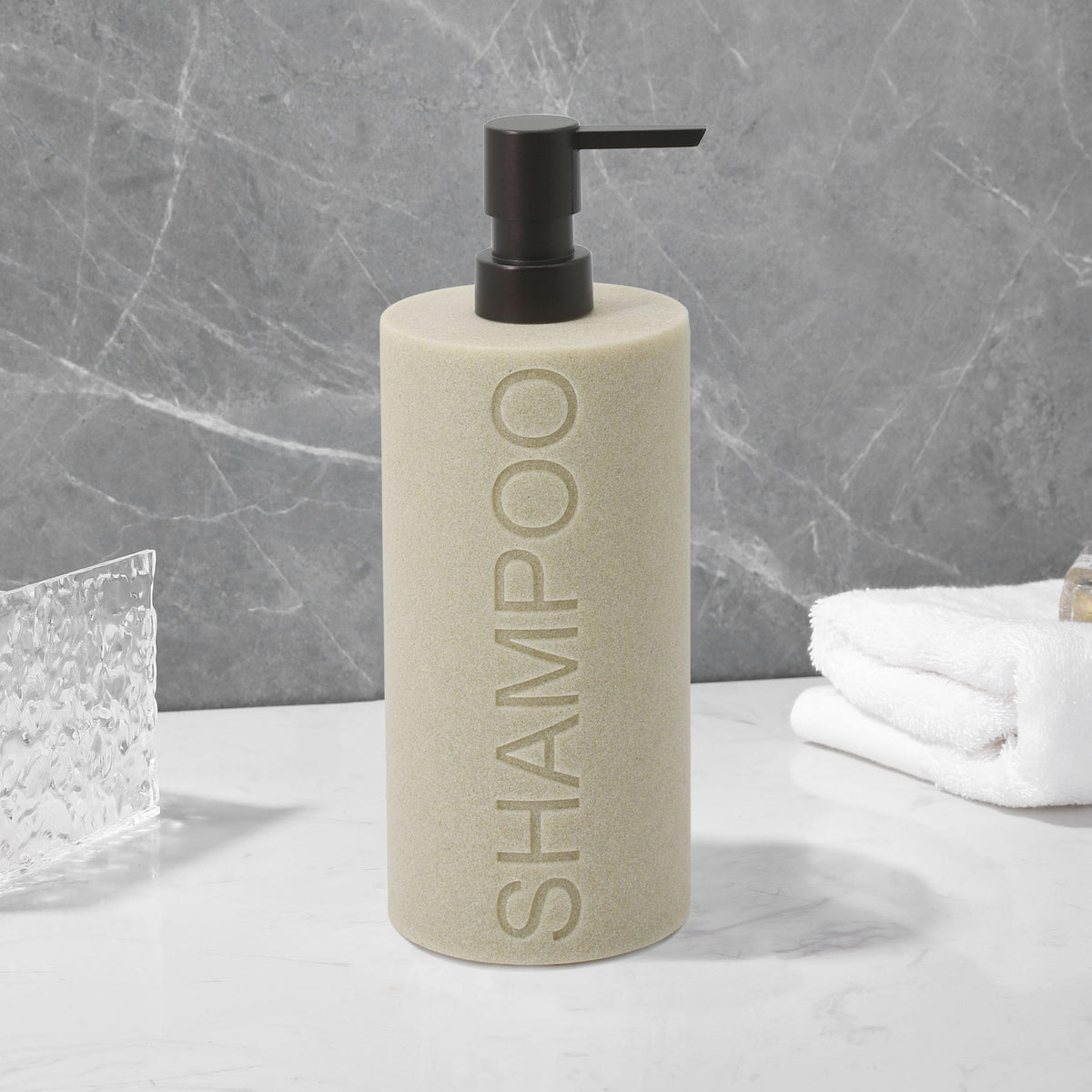 Resin Tan Sandstone Shampoo Engraved Bottle Refillable Pump Dispenser