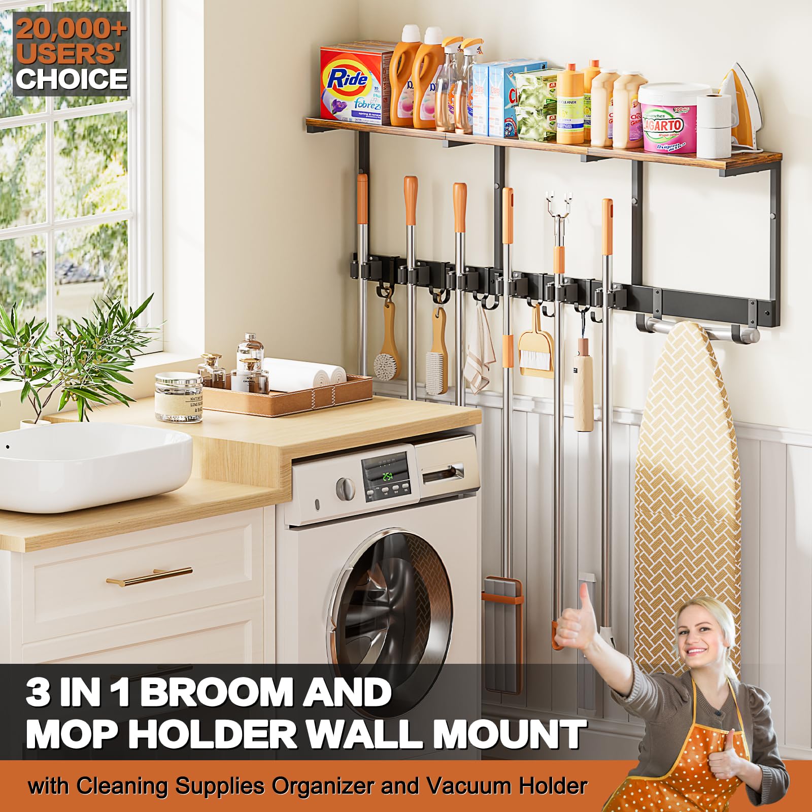 Broom Holder Wall Mount with Cleaning Supplies Organizer