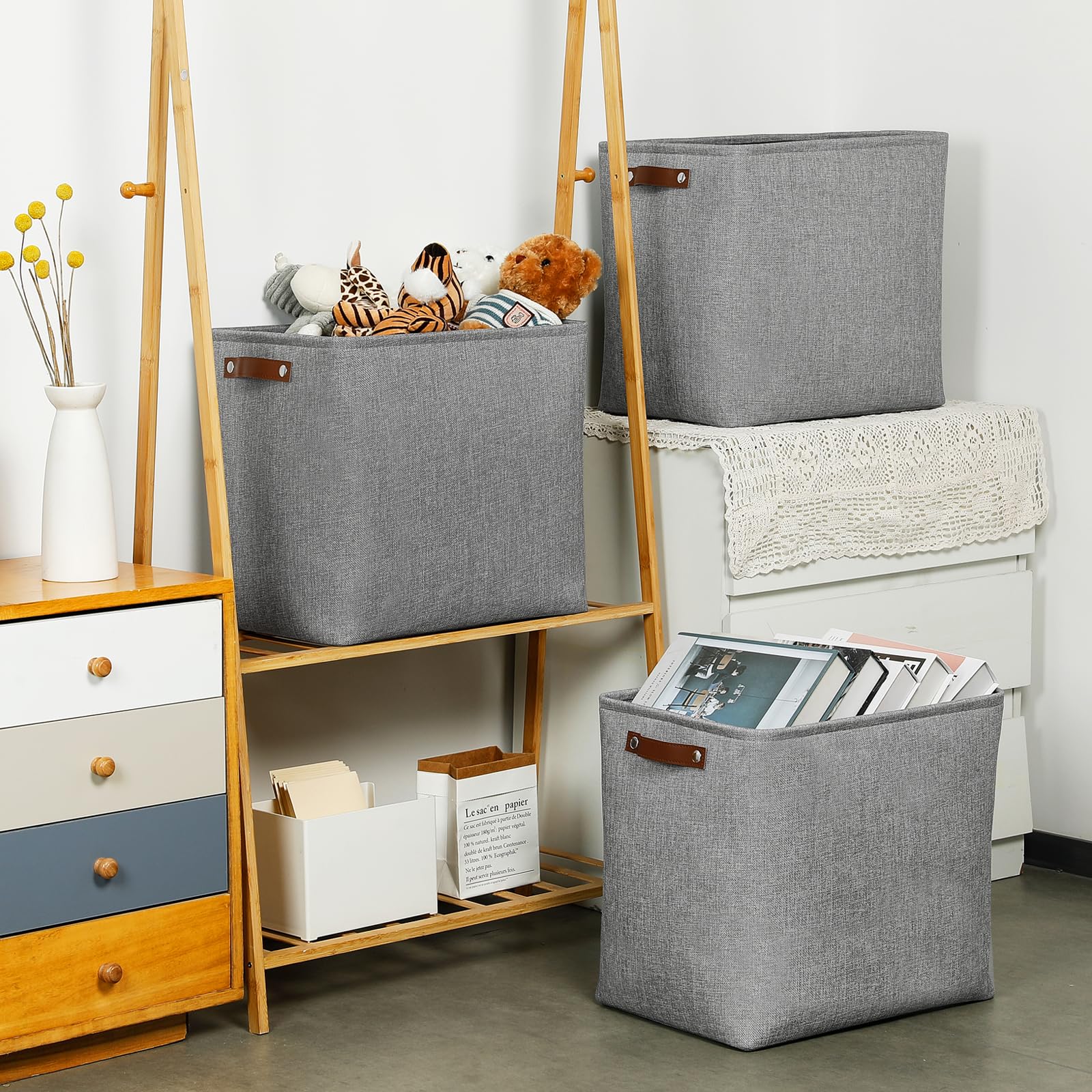Large Storage Baskets for Blankets Living Room 51L Canvas Storage Baskets for Organizing 3 Pack Collapsible Baskets Bins for Organizing Home Office with Handles (3 Count)