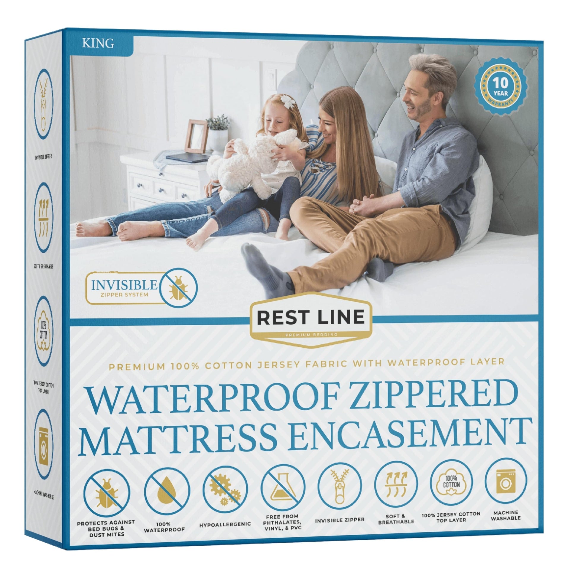 Rest Line 100% Cotton Waterproof Zippered Mattress Encasement