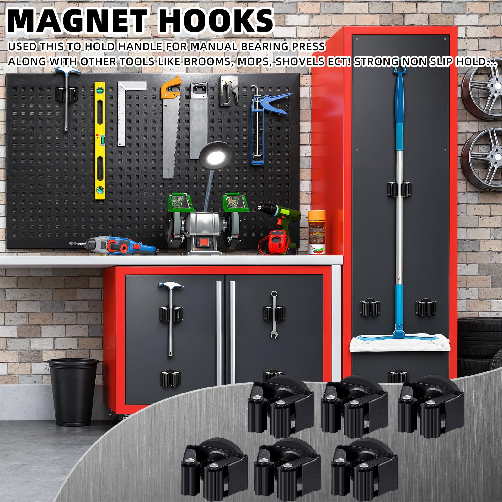 6 Pcs Magnetic Broom Holder Wall Mounted Anti Slip Rack (6 Count)
