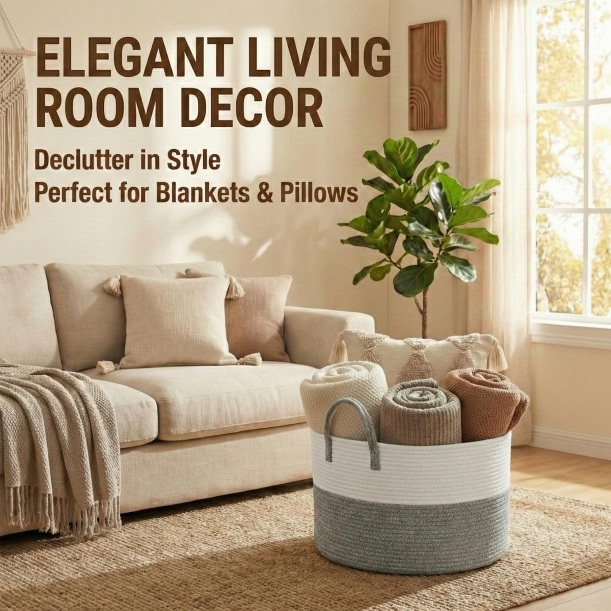 65L Extra Large Machine Washable Cotton Rope Blanket Basket