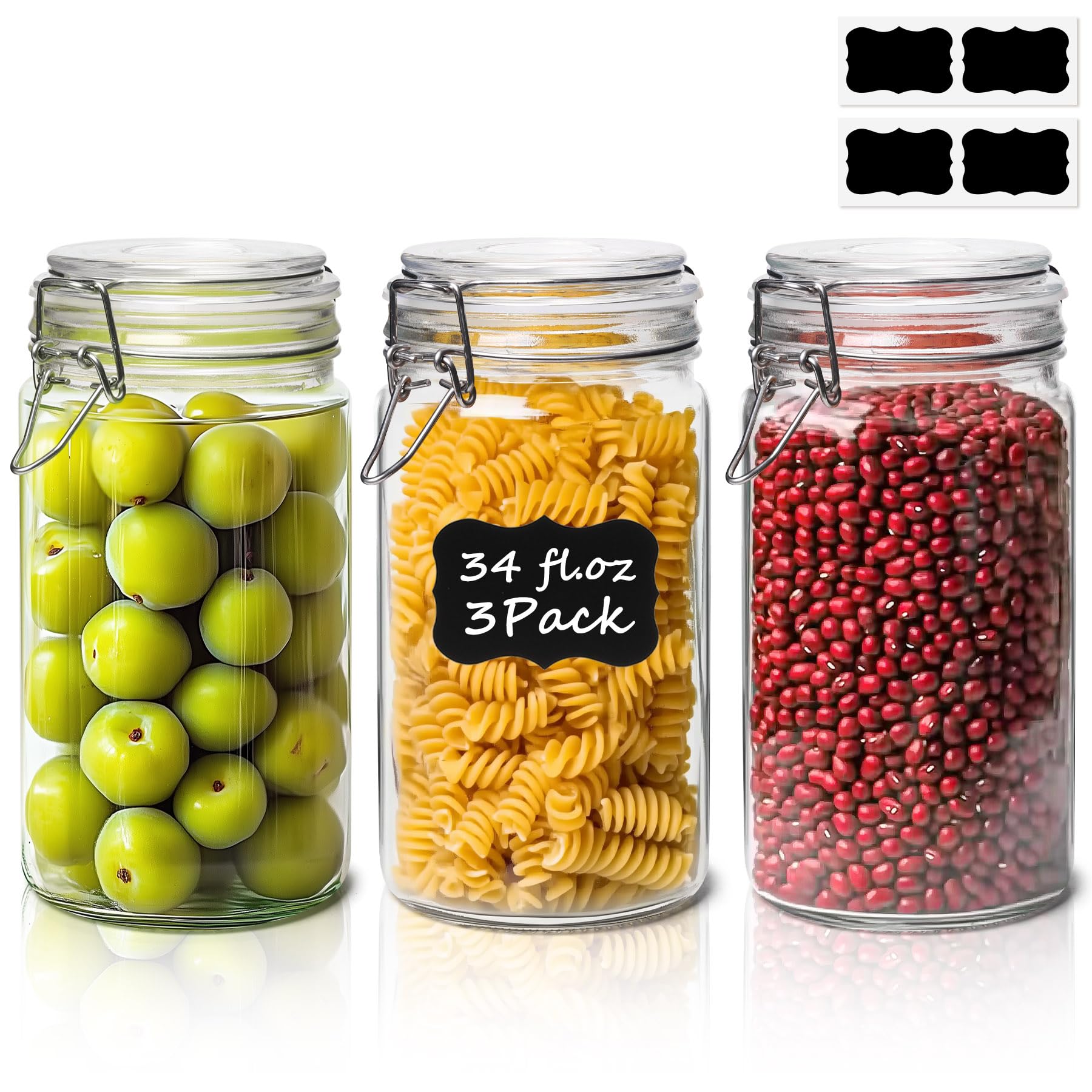 Glass Pantry Jars with Airtight Lids 34 oz 3 Pack Coffee Canisters (3 Count)
