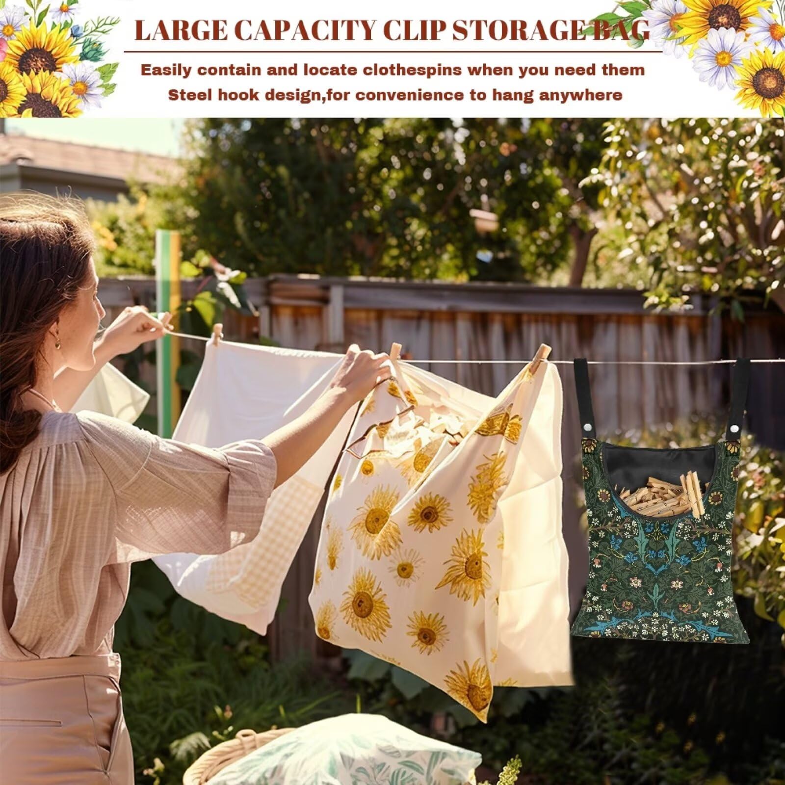 Vintage Scabious Leaf Print Reinforced Clothespin Holder Bag 14.5x12in