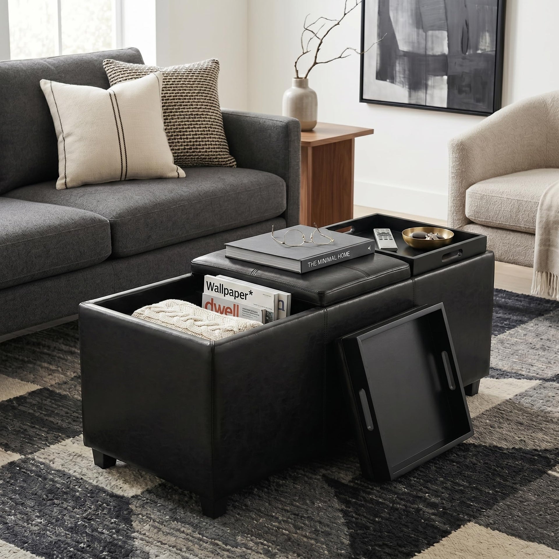 Avalon 42" Wide Vegan Leather Storage Ottoman in Midnight Black