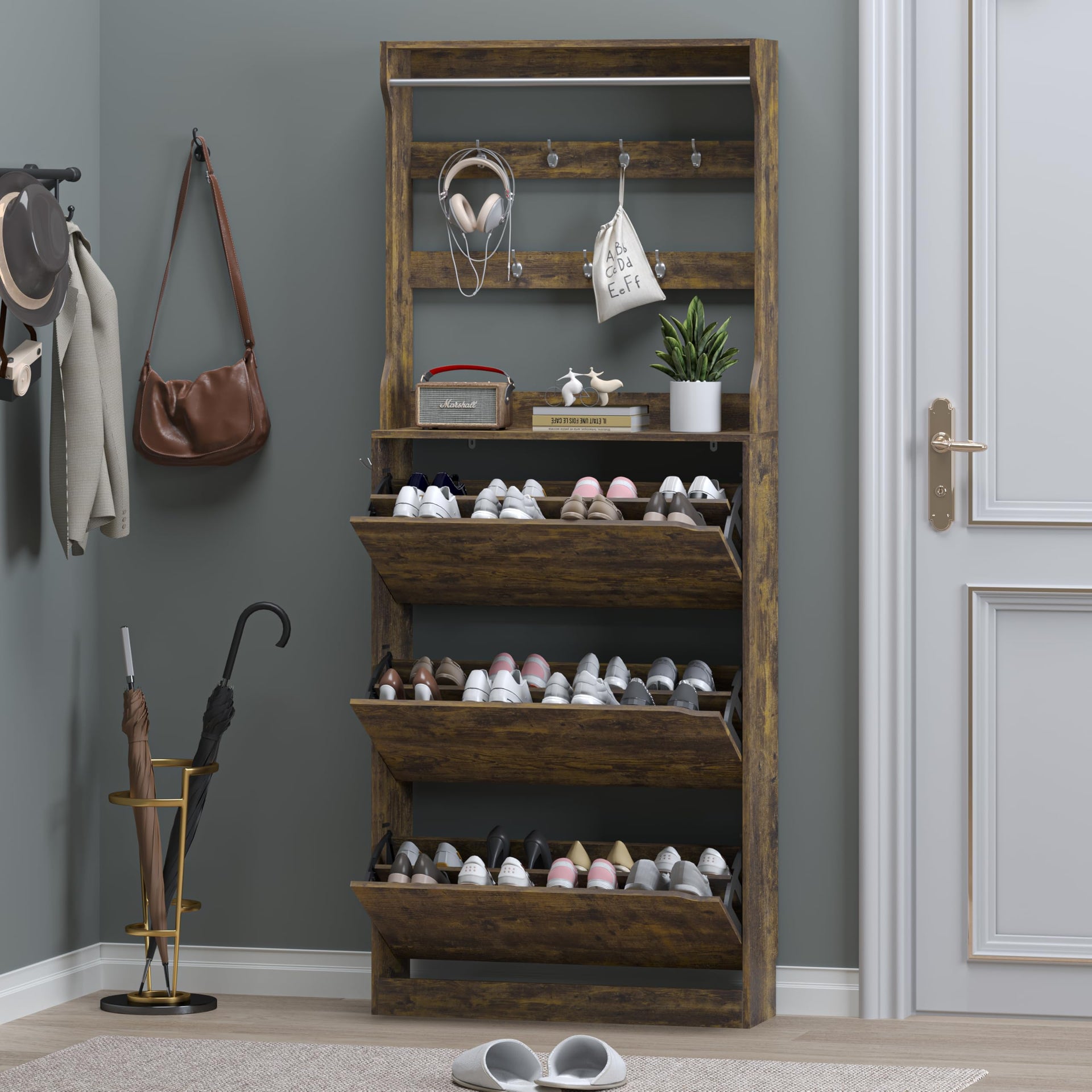 Shoe Cabinet with 3 Flip Drawers & Coat Rack