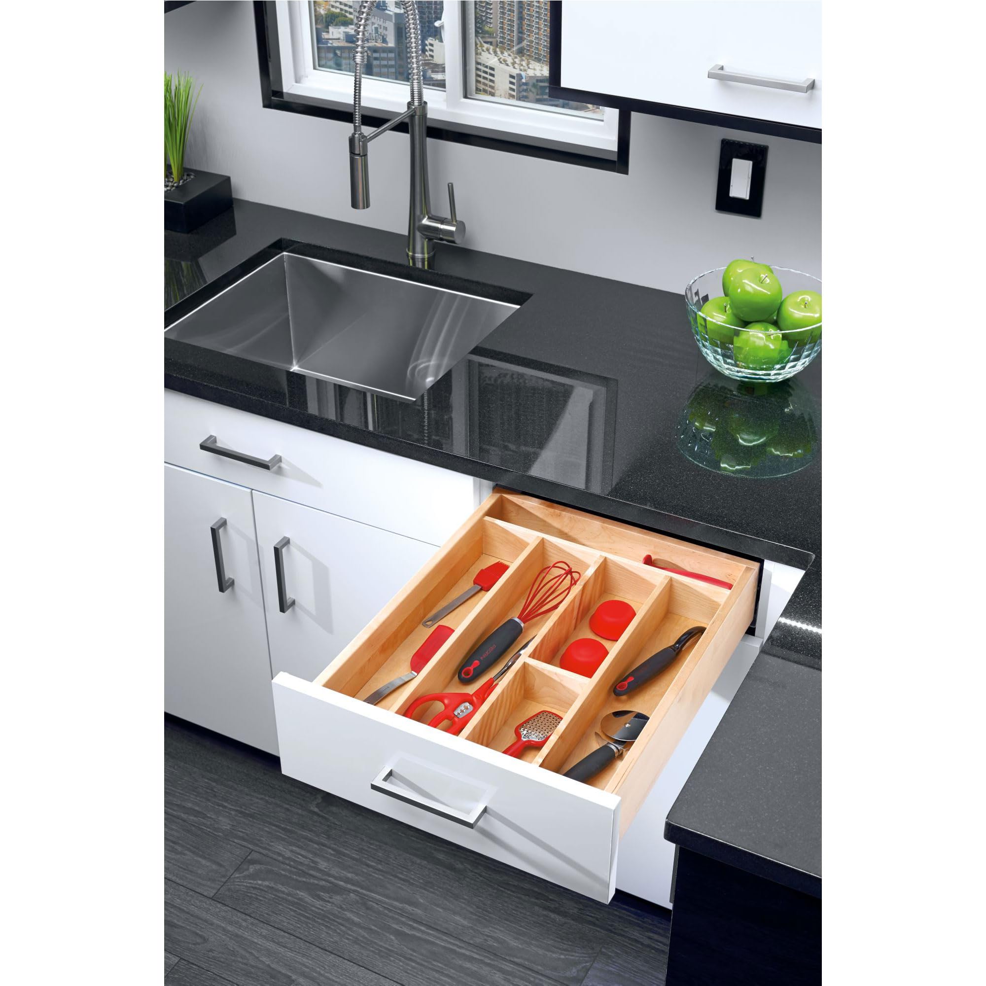 Trim-to-Custom-Fit Silverware Drawer Organizer For Kitchen Utensils, Cutlery Cabinet Storage Divider Insert, 23.98 x 21.97 In, Maple Wood, 4WUT-3