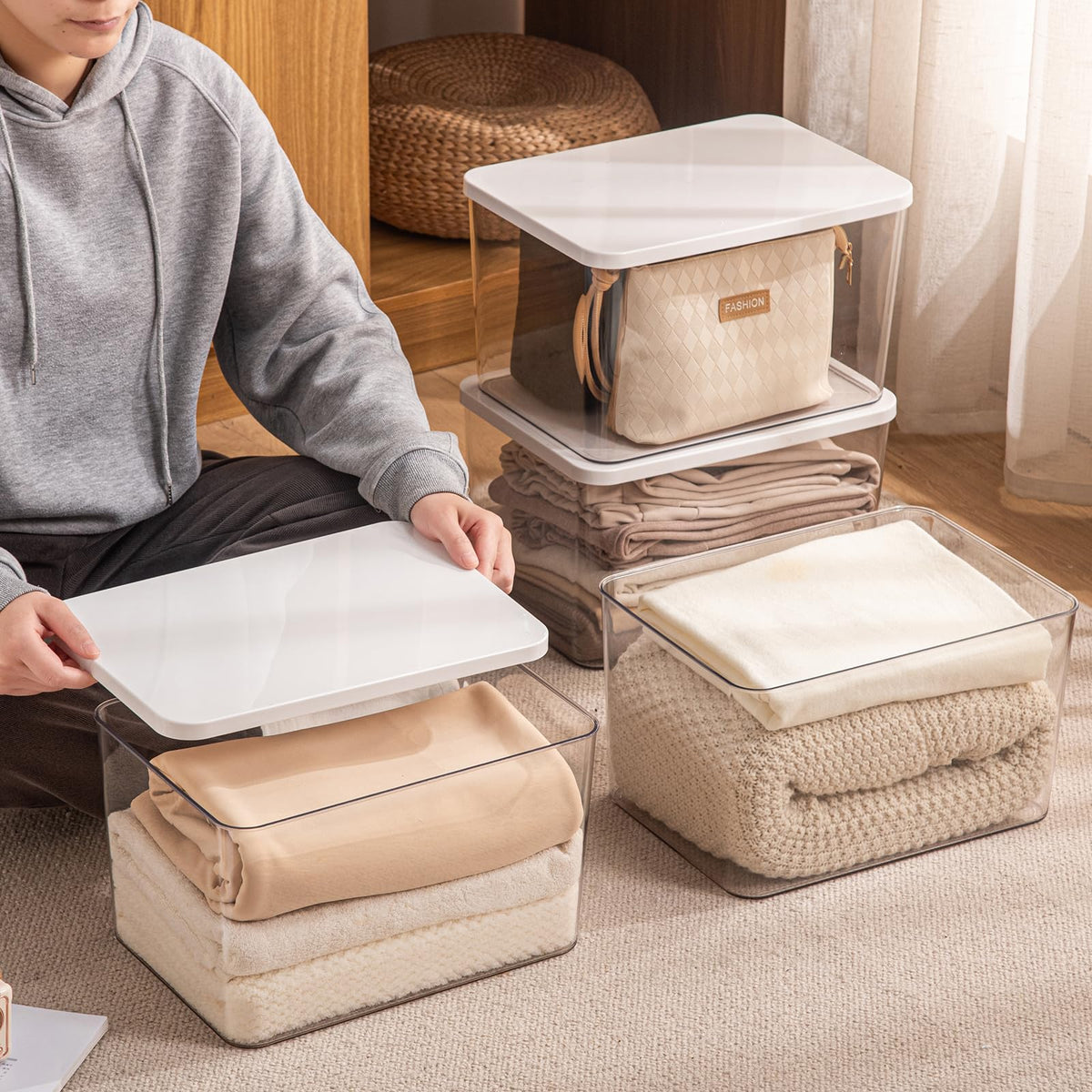 4-Piece Set,Plastic Storage Bin with Lid,Large Storage Containers,Stackable Lidded Storage Boxes for Cabinets, Clothes, Toys, Books (clear 4XL(with wihte lid)) (5 Count)