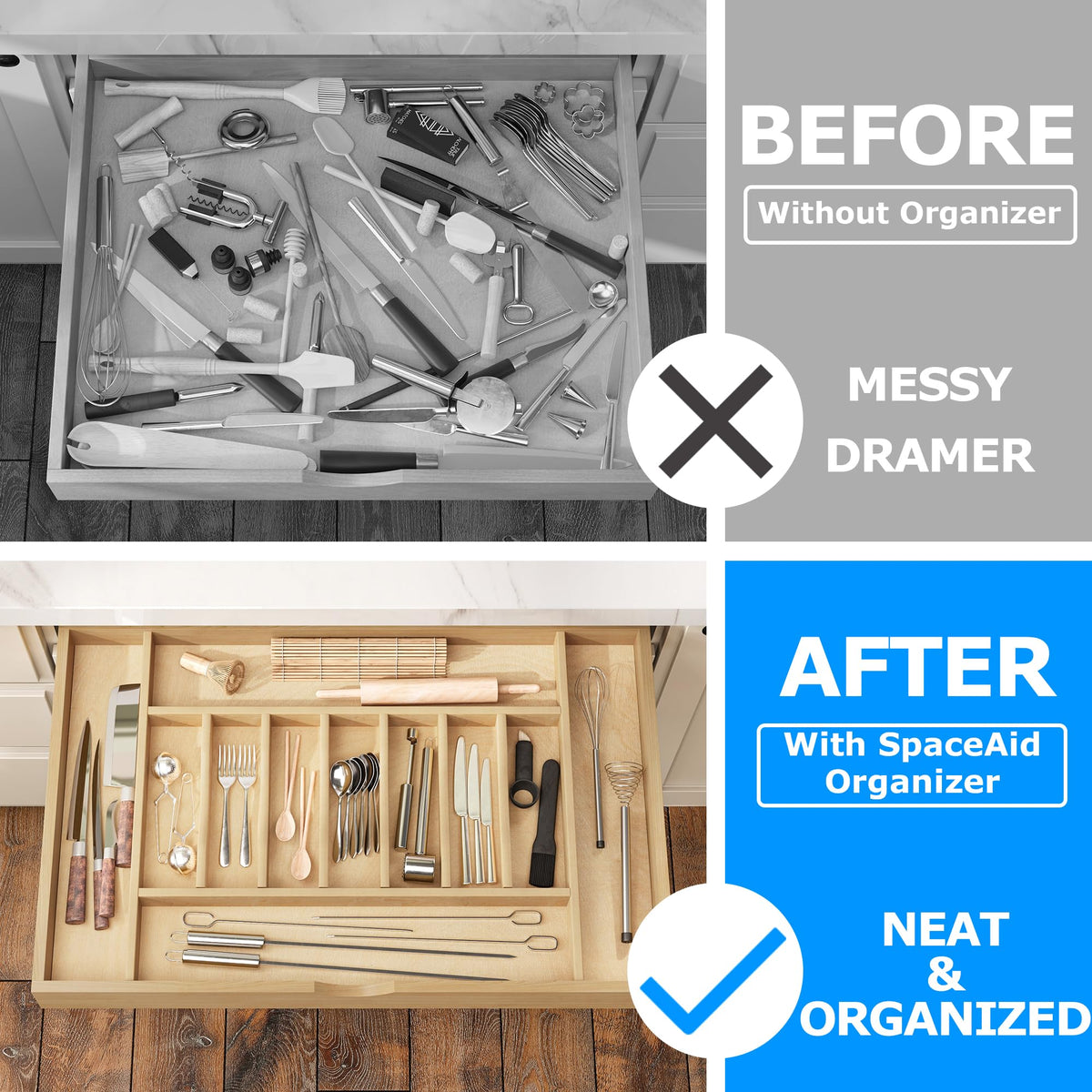 Premium Wooden Silverware Organizer for Kitchen Drawers