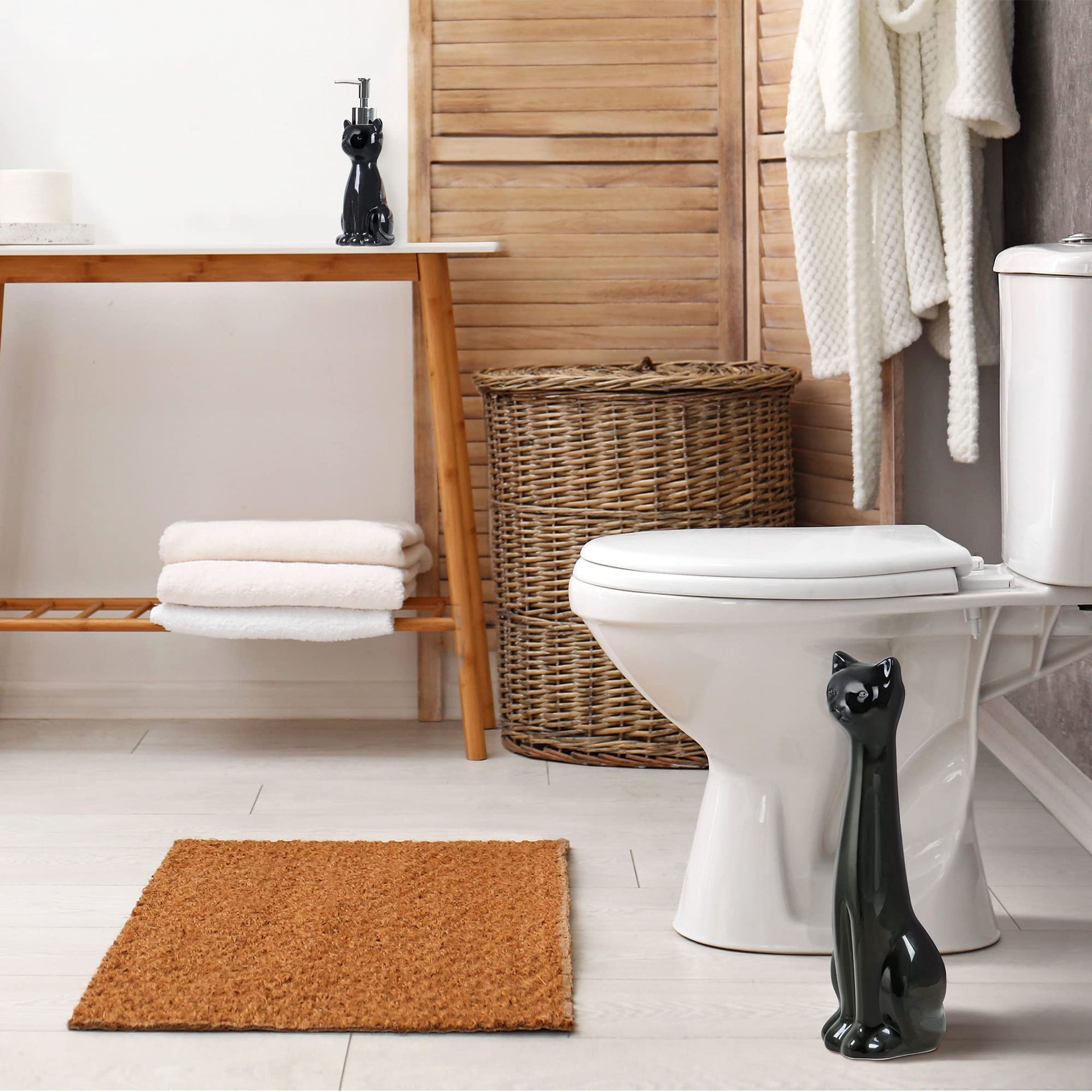 Cat 3 Piece Black Ceramic Toilet Brush Holder with White Plastic Brush and Soap Dispenser Set
