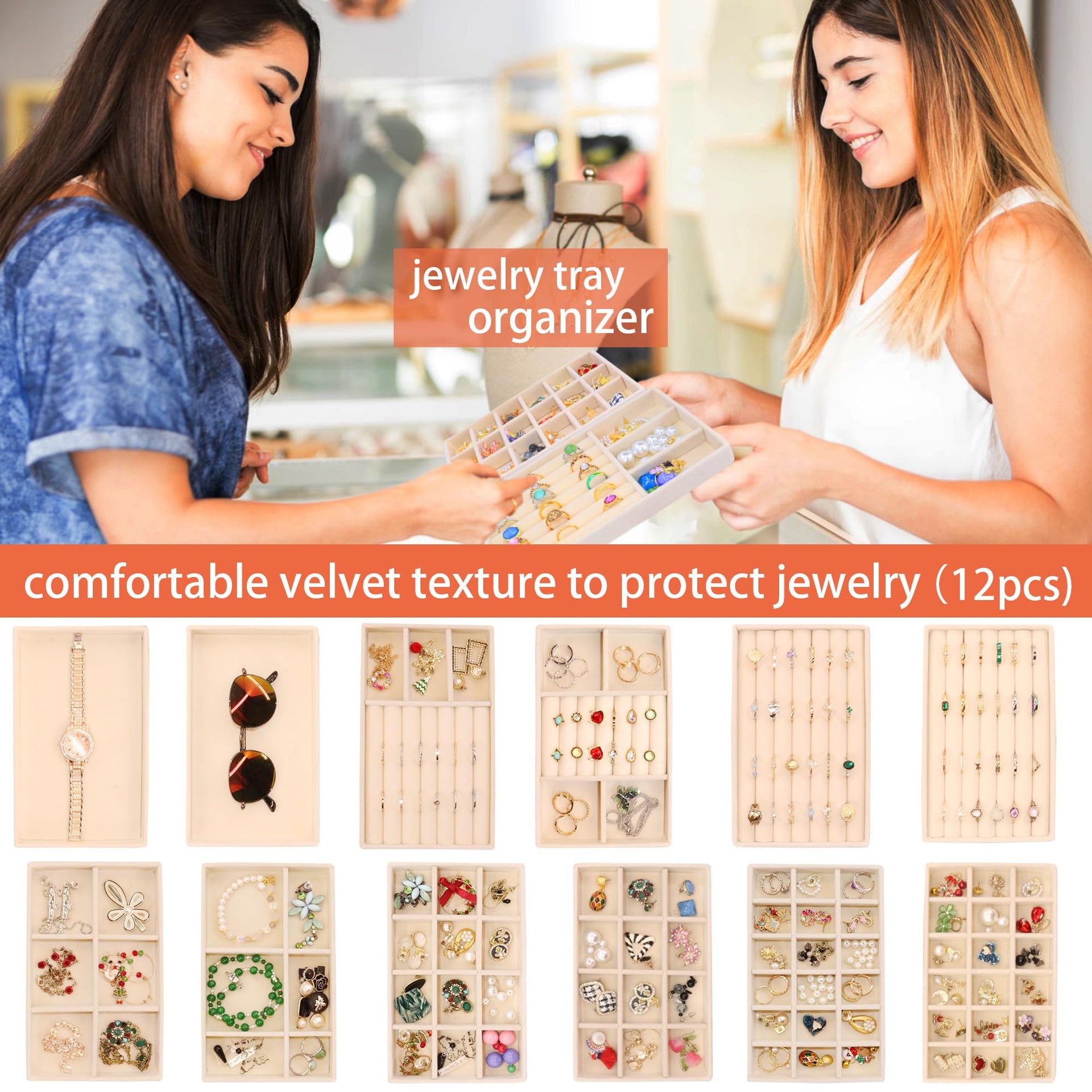 12Set Jewelry Trays Velvet Jewelry Display Plate Stackable Jewelry Drawer Organizer Earring Organizer for Women (12 Count)