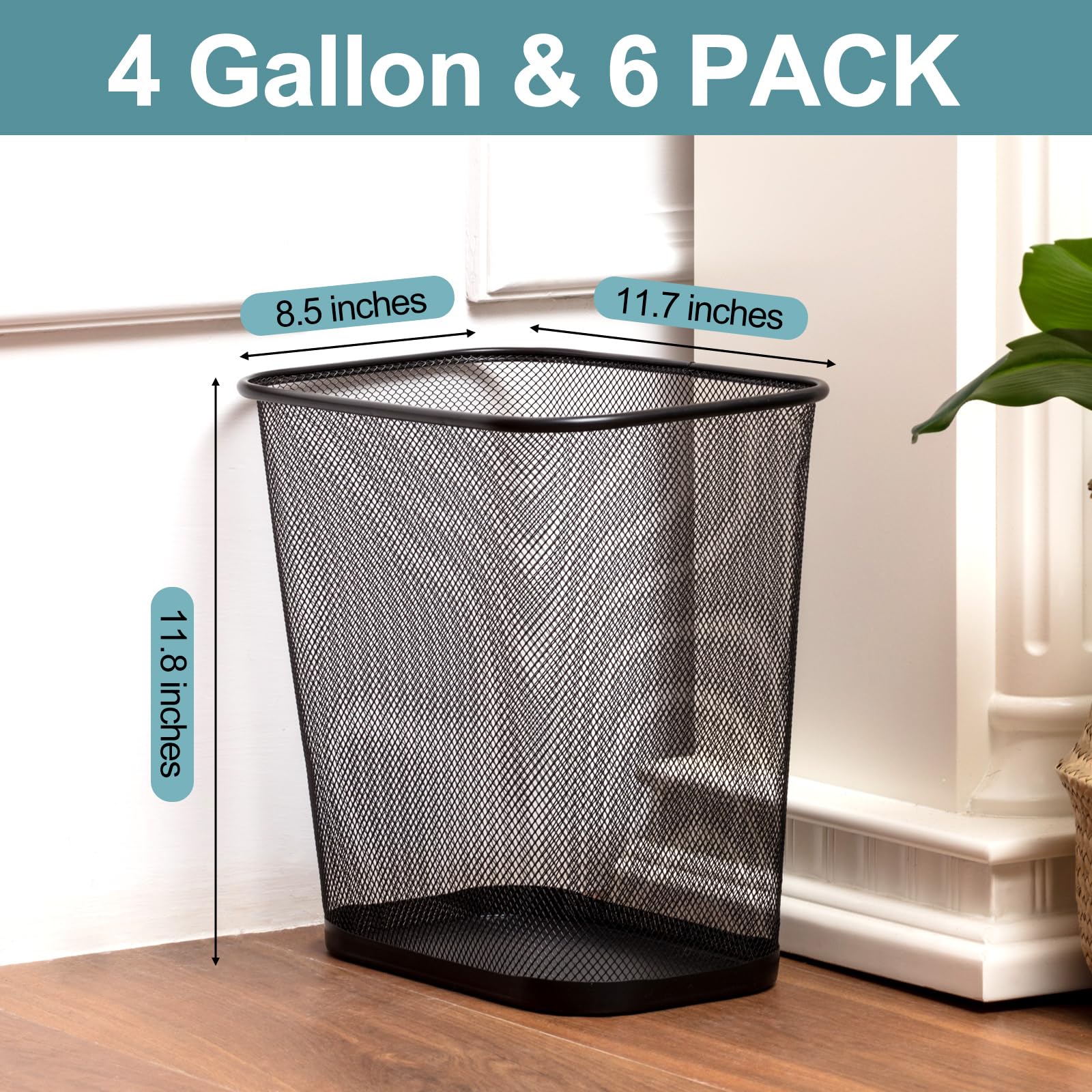 6 Pcs Mesh Square Trash Cans 4 Gallons Wire Wastebasket for Home Black Metal Office Garbage Cans Rectangular Trash Bin for Kitchen Bathroom Bedroom (6 Count)