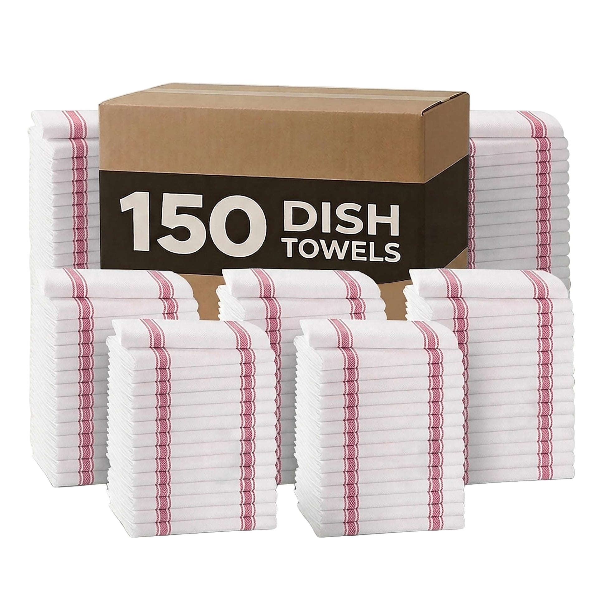 Dish Towels 150 Pack Red Stripe 100% Cotton Kitchen Towel 15x25 Inch Tea Towels (150 Count)