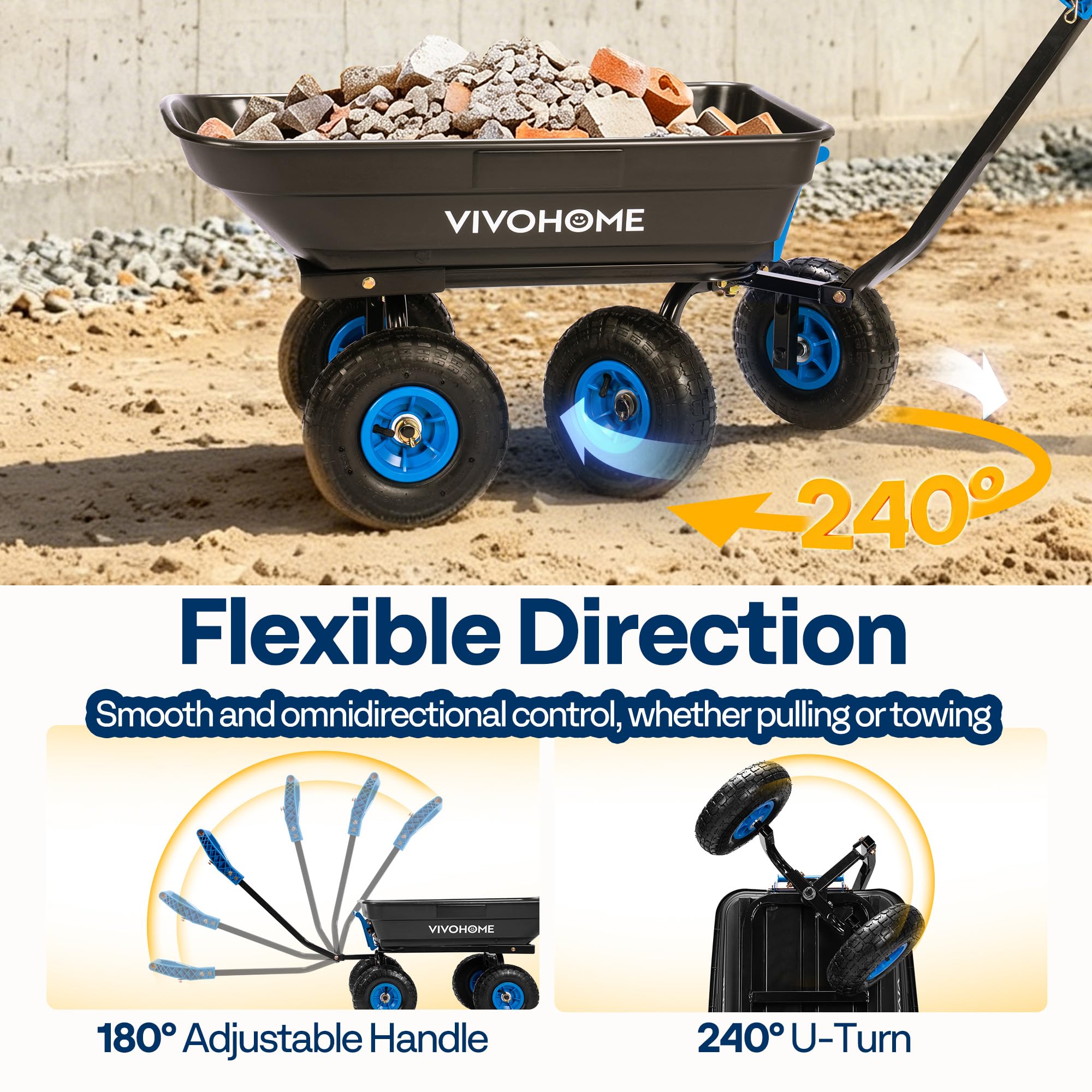 660lbs Wheelbarrow Dump Garden Cart with 2