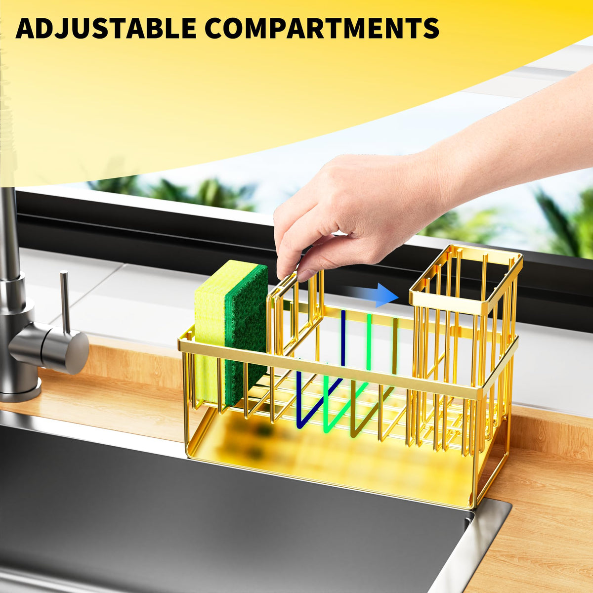 Gold Kitchen Sink Caddy Organzier with High Brush Holder
