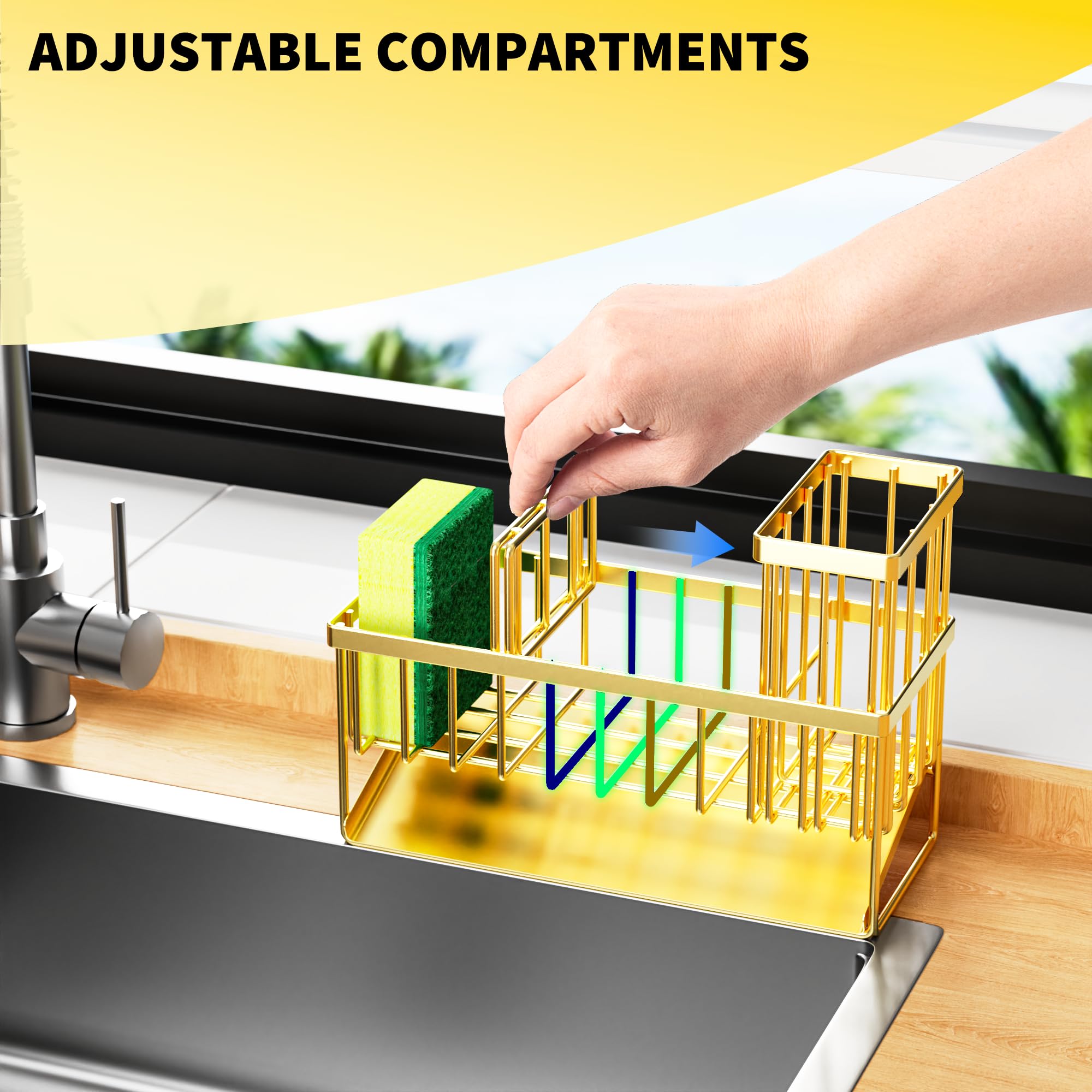 Gold Kitchen Sink Caddy Organzier with High Brush Holder