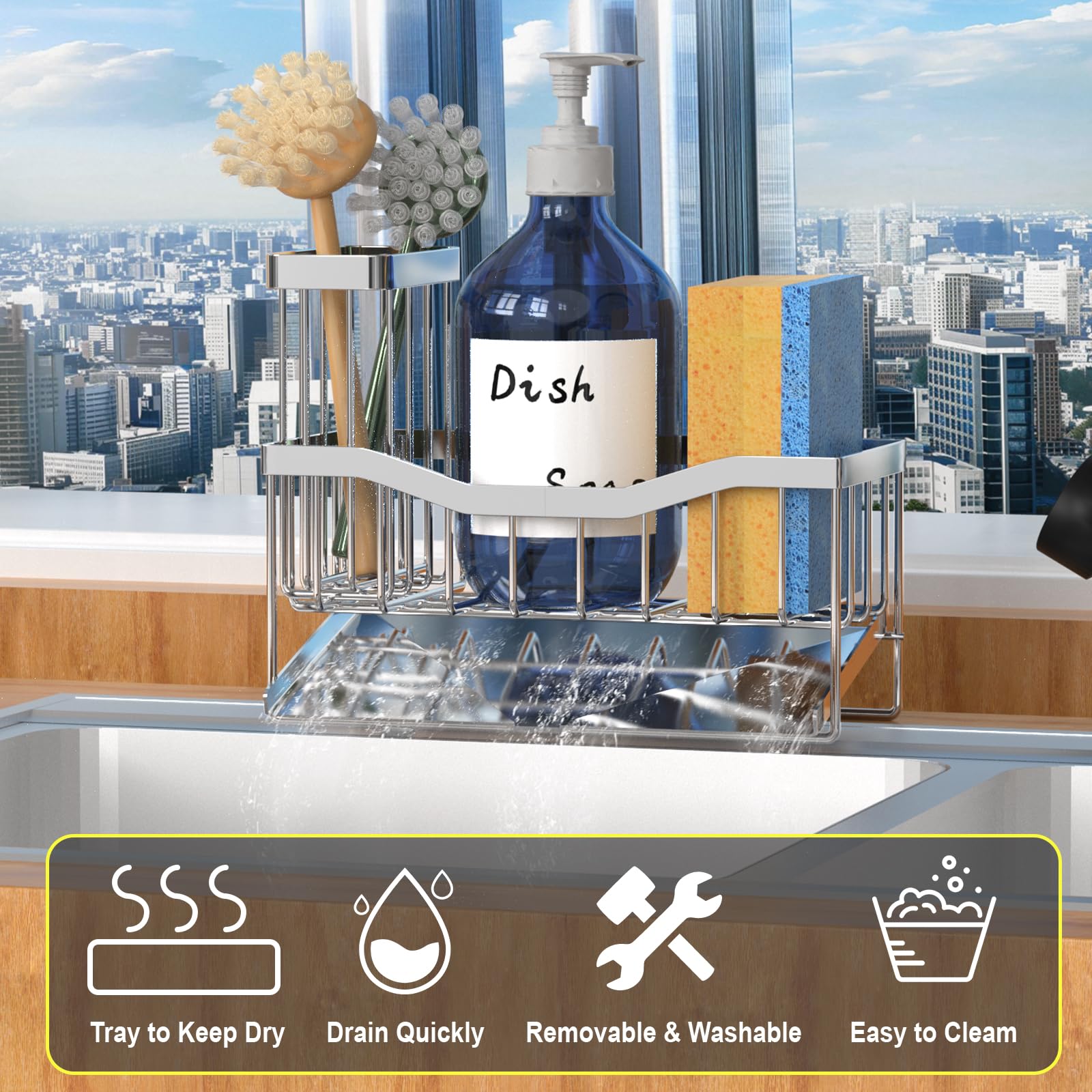 Maifan Sink Caddy Sponge Holder for Kitchen with Brush Holder and Stainless Steel Self Drain Tray