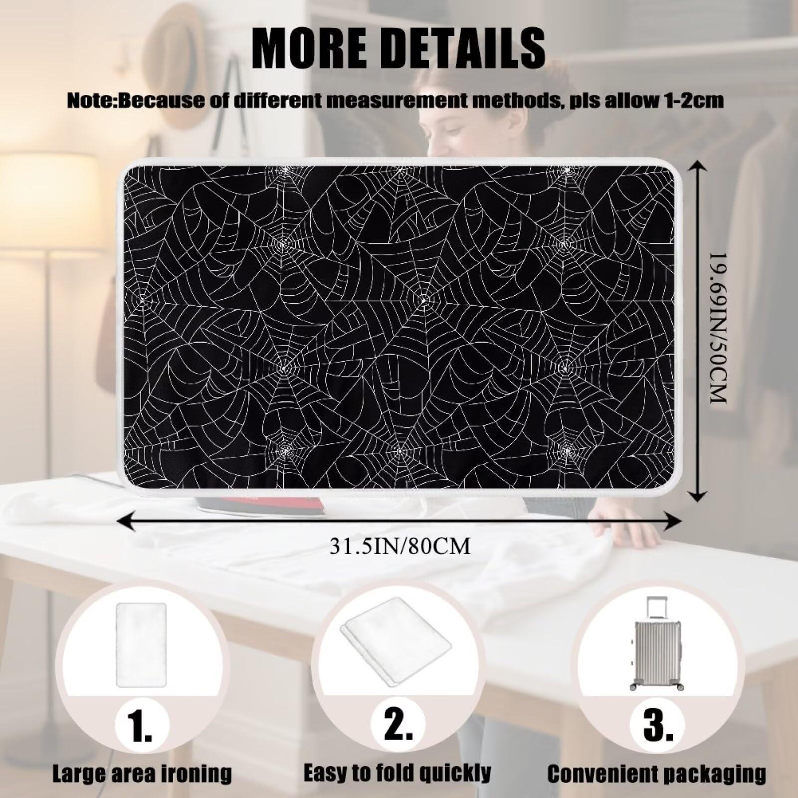 Spider Web Ironing Mat Black Heat Resistant Ironing Blanket Thick Portable Travel Ironing Pad for Table Top Washer and Dryer