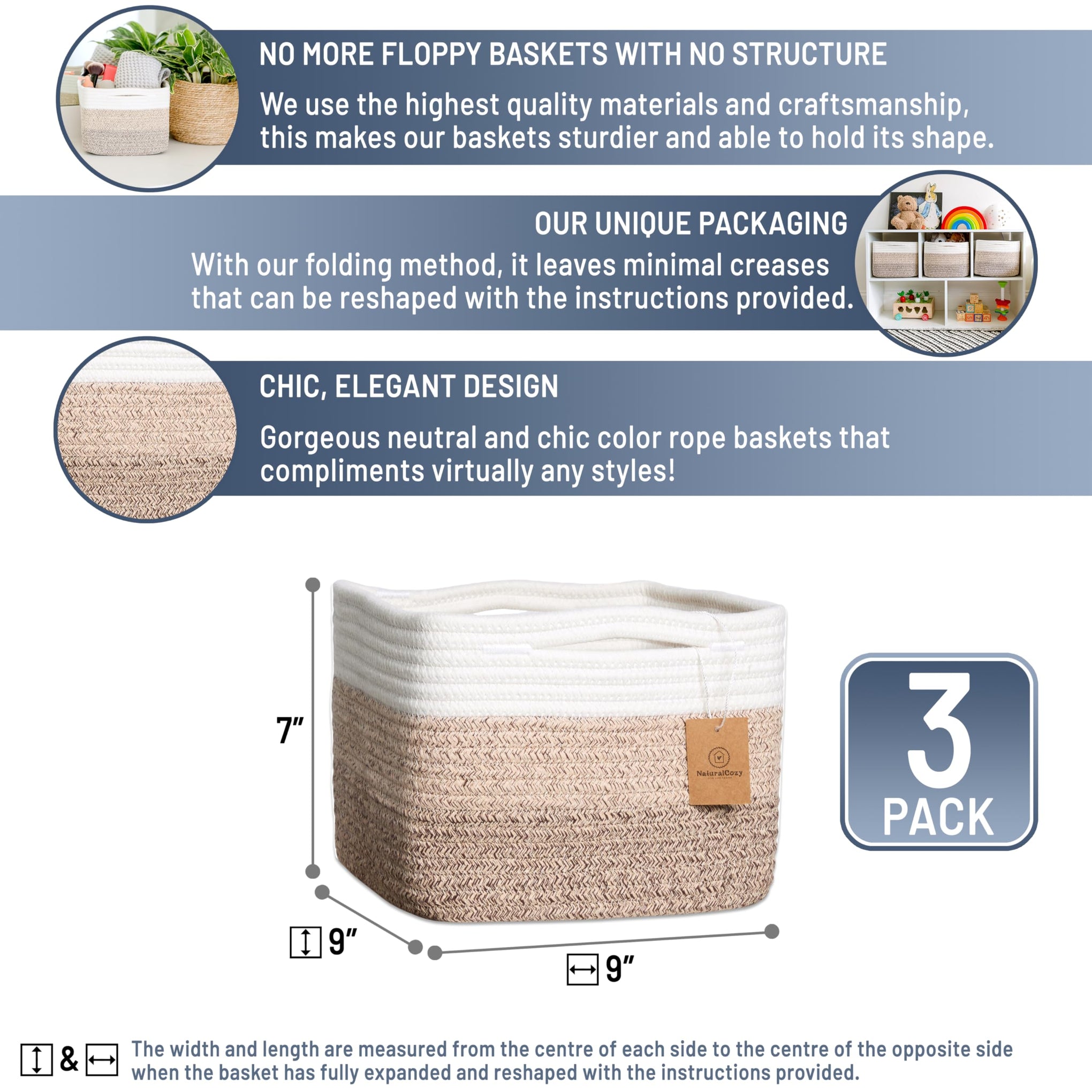 Storage Cubes 9”x9”x7”Cotton Rope Woven Baskets for Organizing 3 (3 Count)