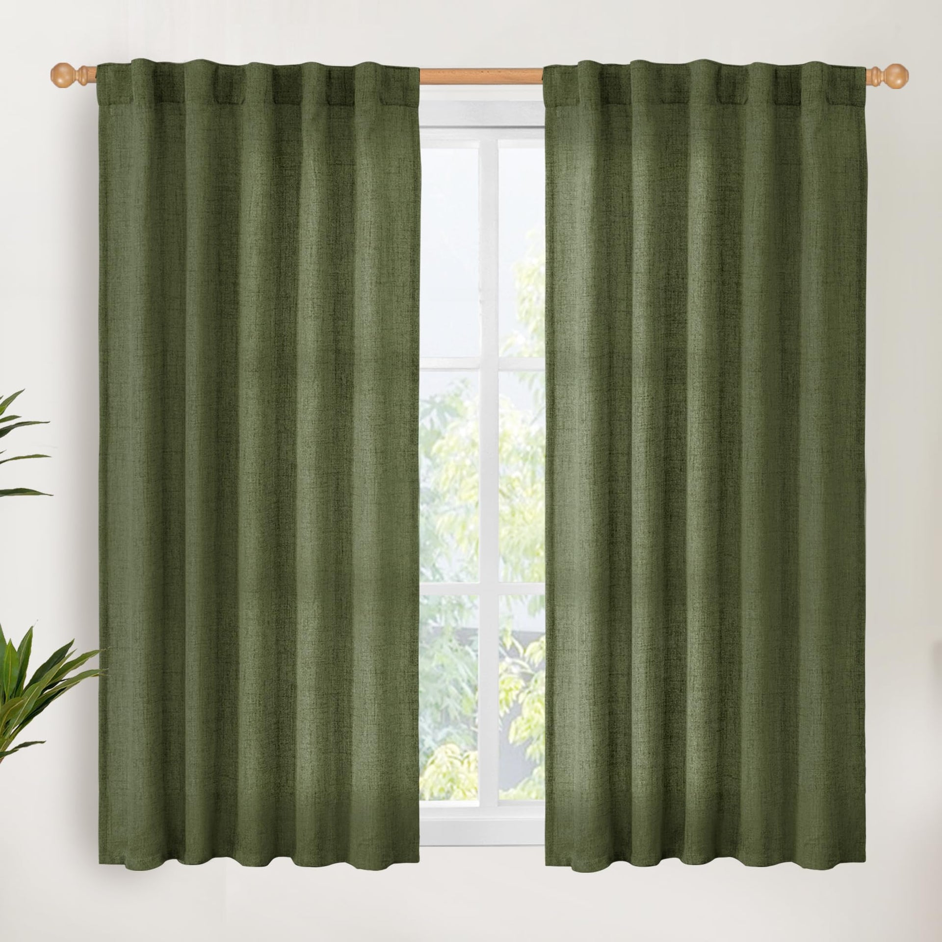 Olive Green Linen Curtains 48 Inch Length (2 Count)