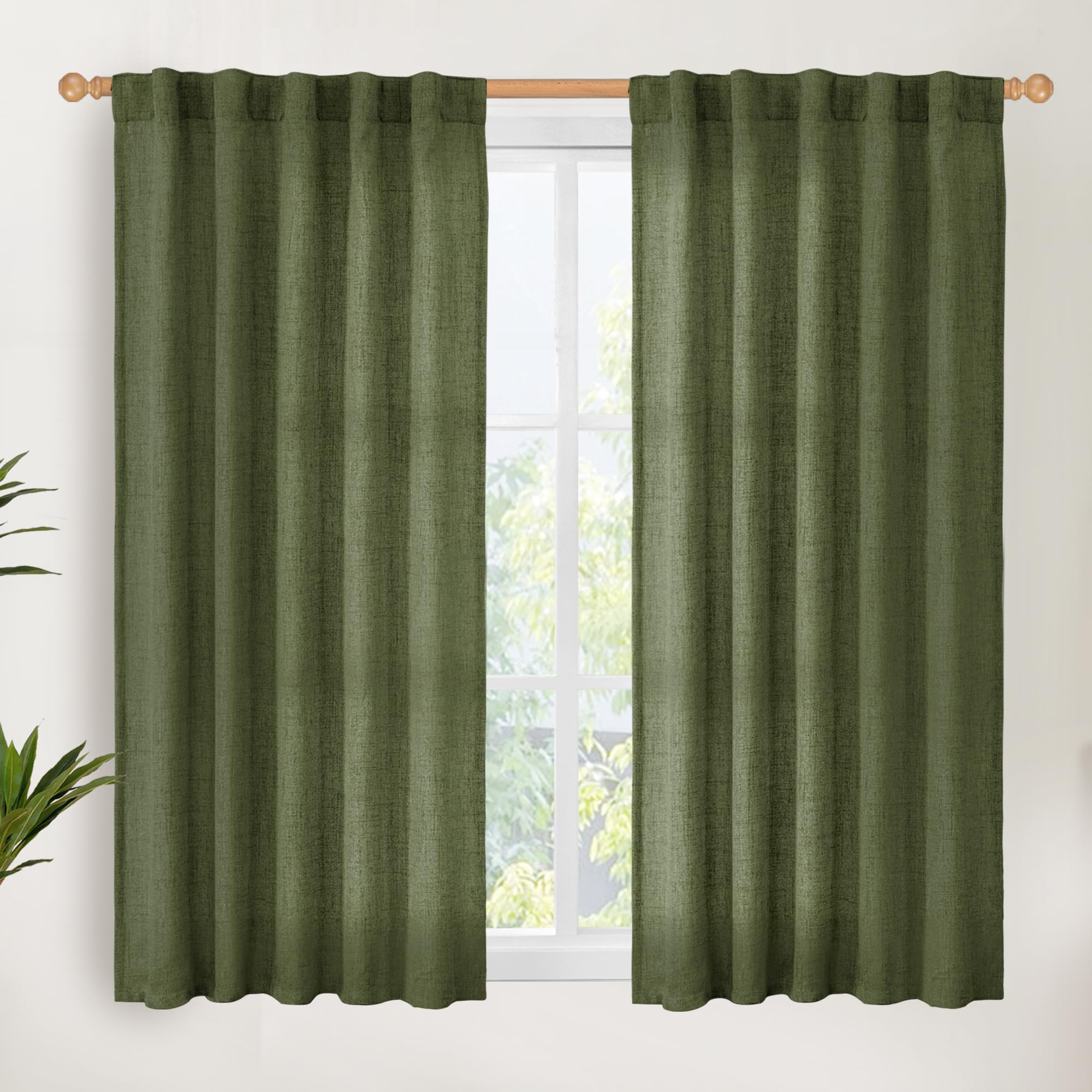 Olive Green Linen Curtains 48 Inch Length (2 Count)