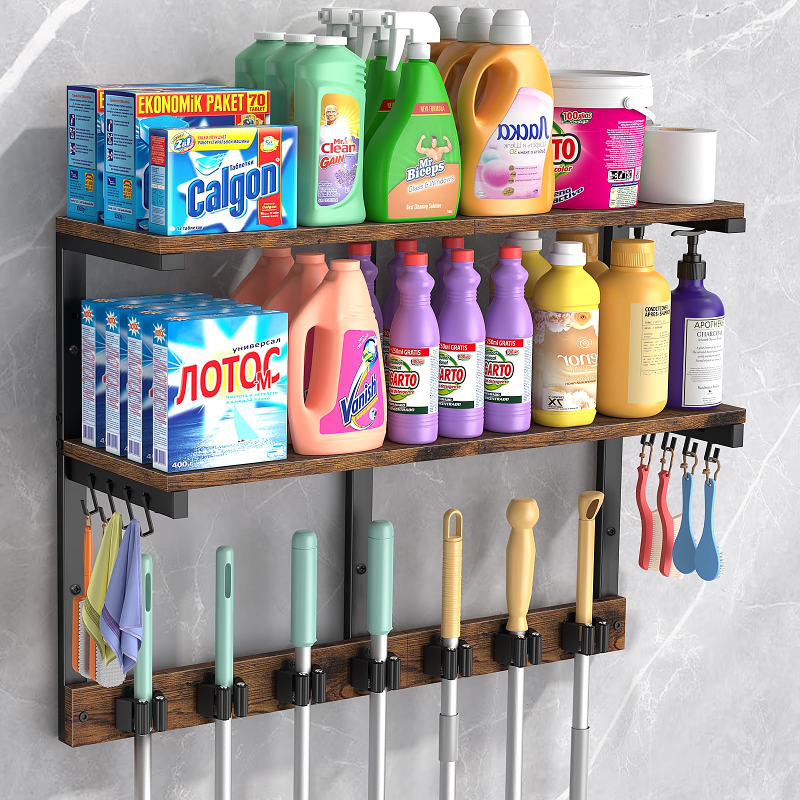 Wall Mount Broom Holder Laundry Room Storage Organizer Shelves