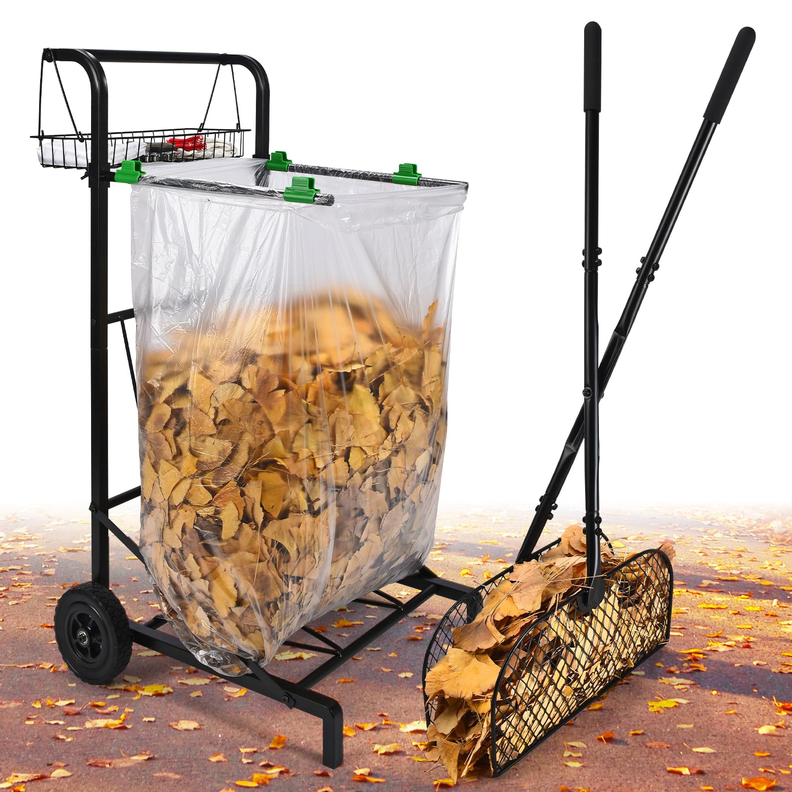 Mobile Trash Bag Holder with Storage Basket and Ergonomic Handle