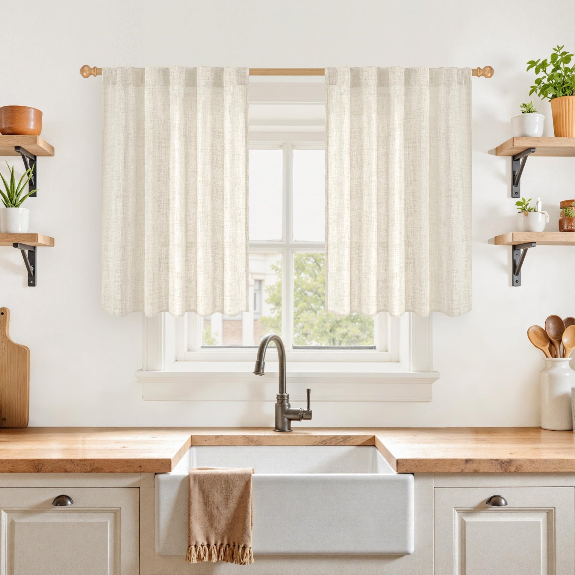 Small Linen Semi Sheer Curtains 36 Inch Length for Kitchen Window (2 Count)