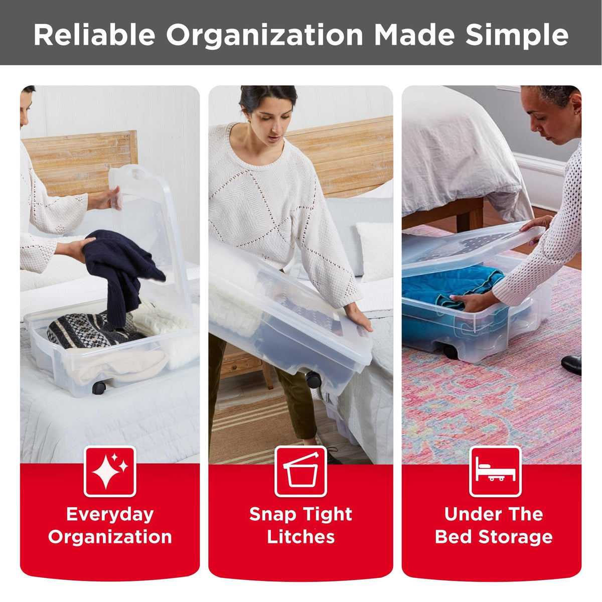 68 Quart Under the Bed Low Profile Storage Boxes with Dual Hinged Lids and Easy Rolling Caster Wheels (2 Count)