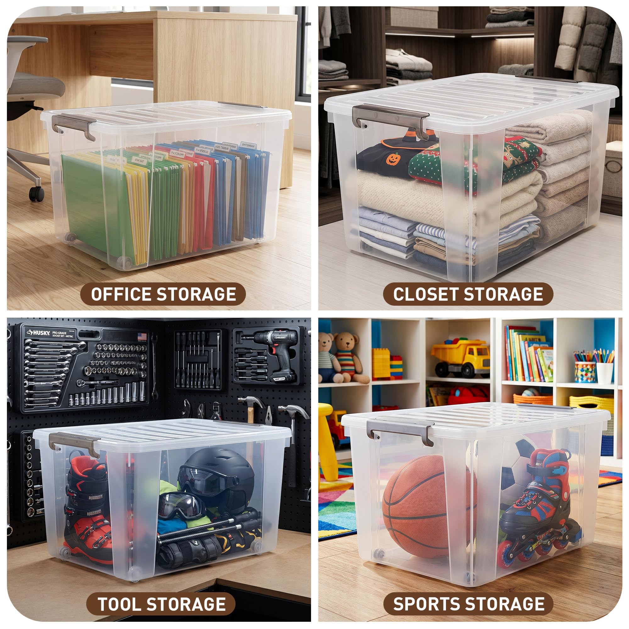 69 QT Plastic Storage Bins with Latching Lids Stackable Storage Containers for Organizing Large Clear Storage Box for Garage (4 Count)