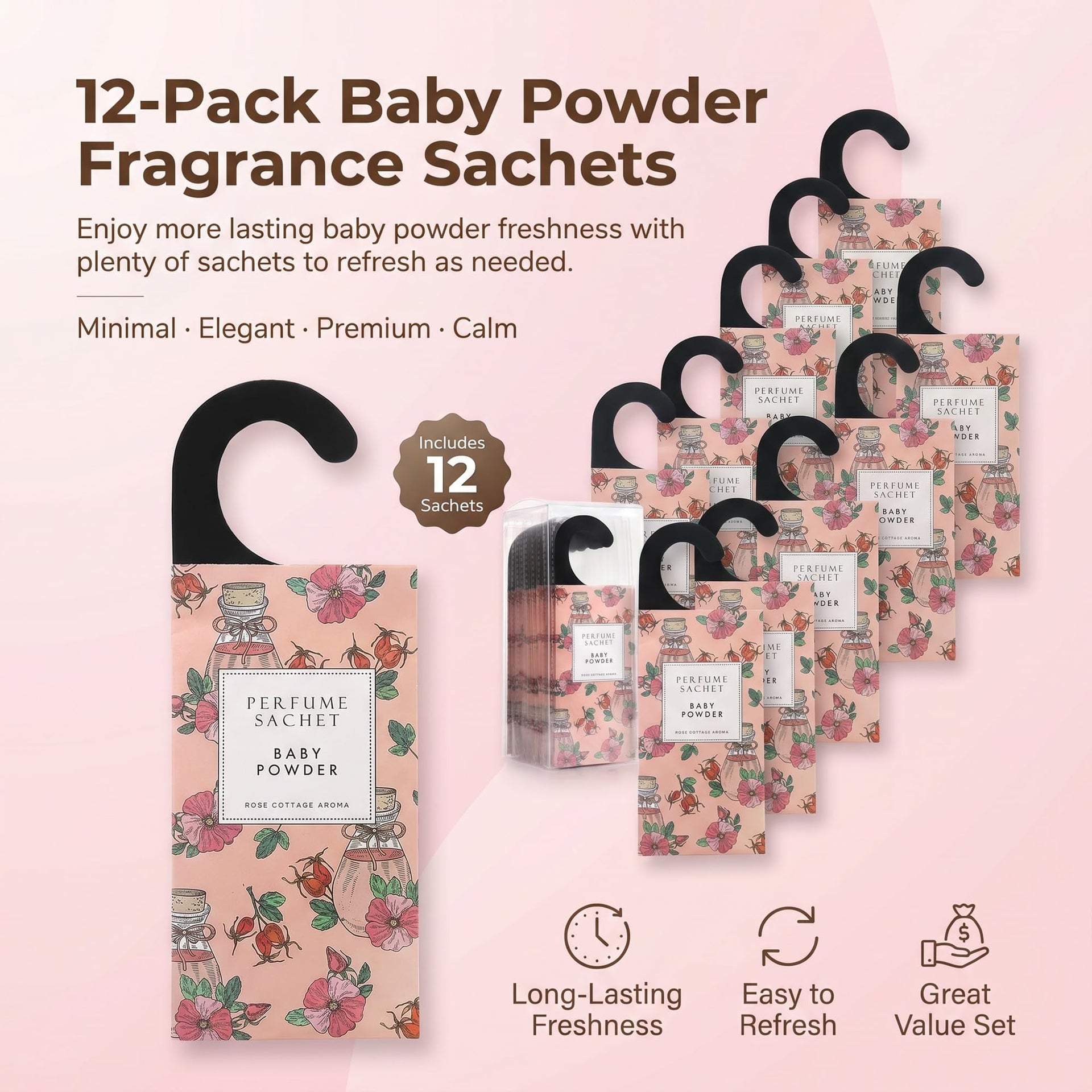 Large 12 Packs Baby Powder Hanging Scented Sachets Long (12 Count)