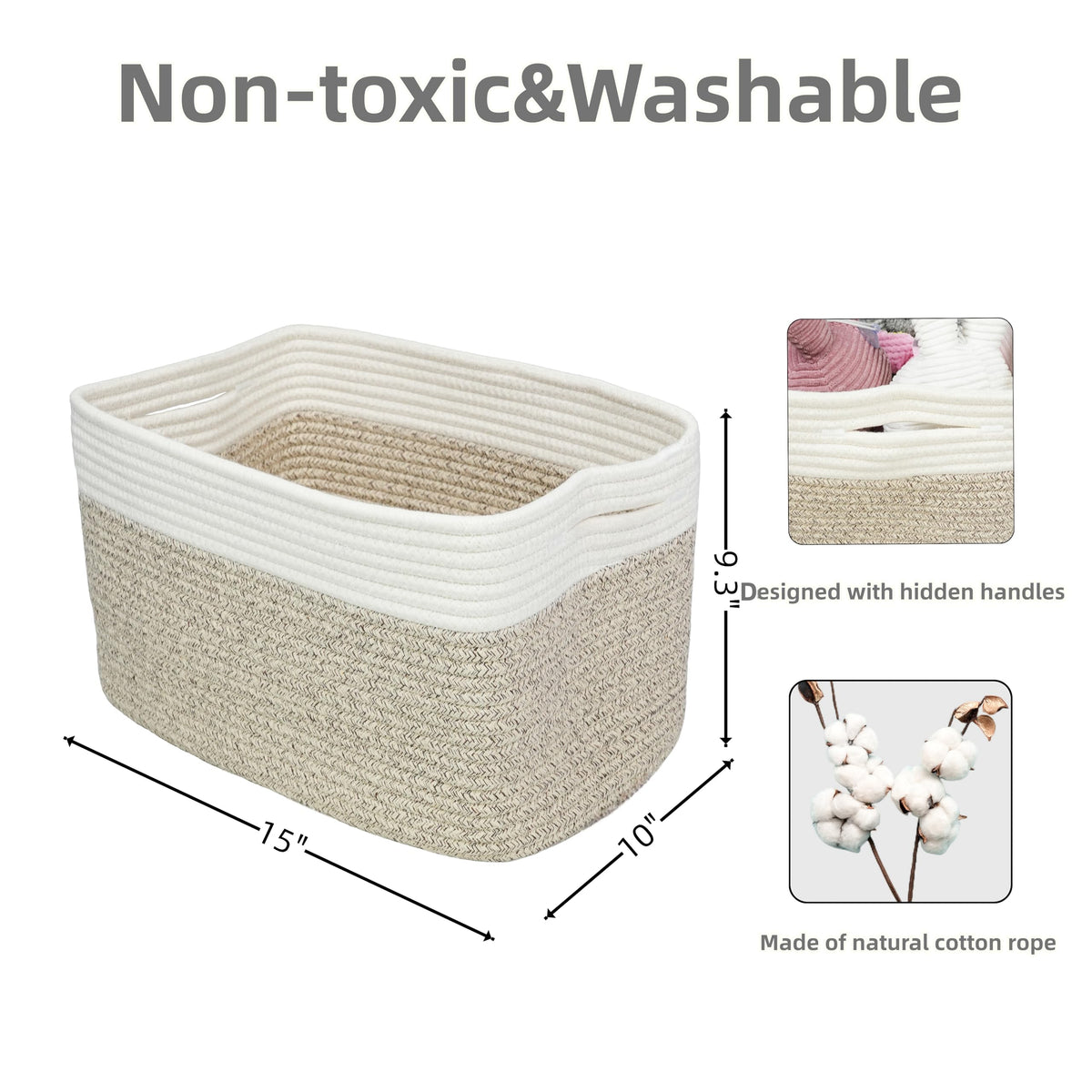 Woven Cotton Rope Storage Baskets 15x10x9.3" 3 Pack White and Brown
