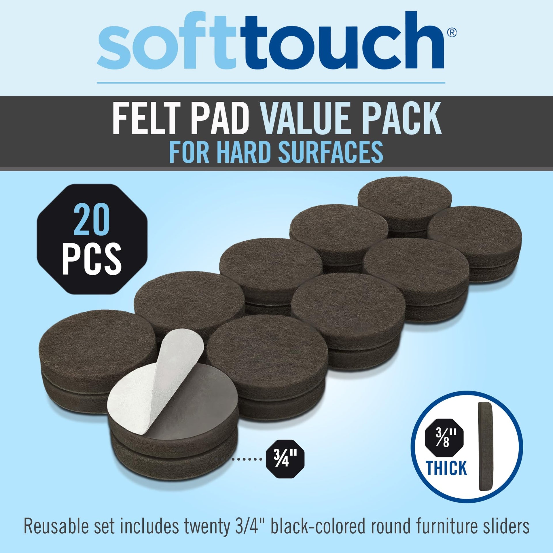 3 4" Round Reusable Felt Furniture Sliders for Hard Surfaces (20 Count)