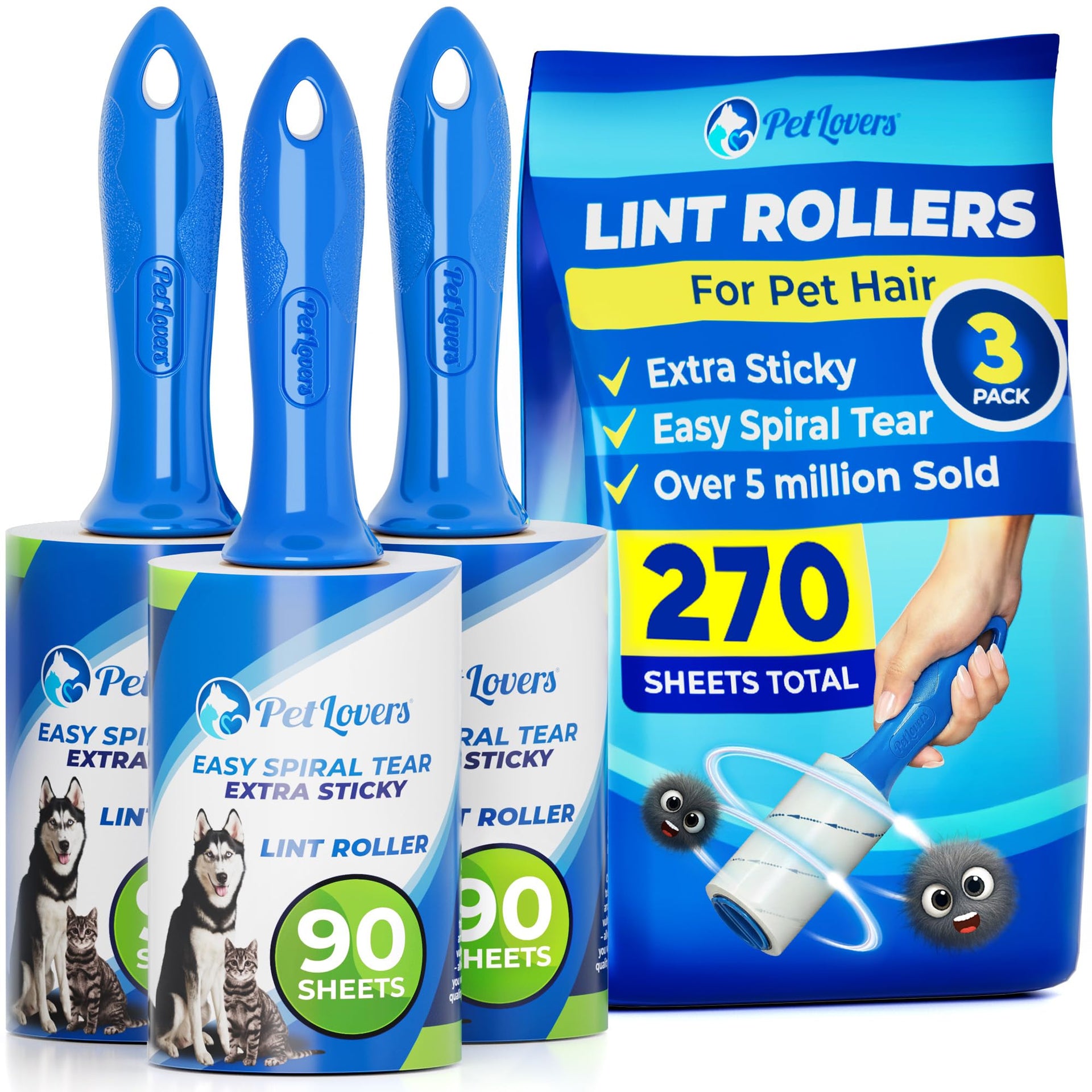 Extra Sticky Lint Roller Value Set 270 Sheets for Pet Hair Removal and Clothes (3 Count)