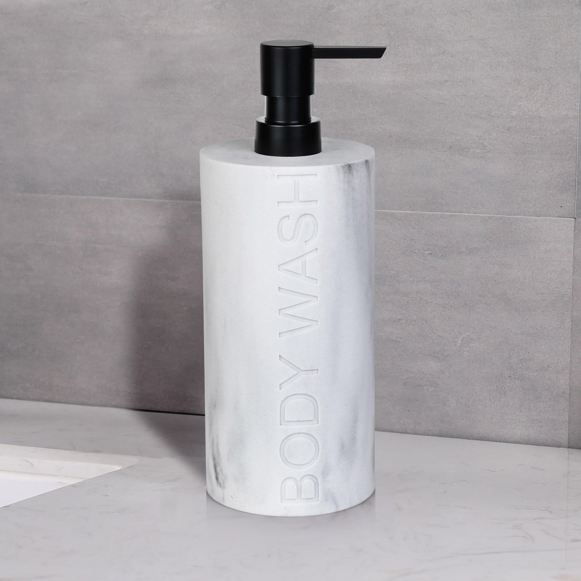Resin White Marbled Body Wash Engraved Bottle Refillable Pump Dispenser