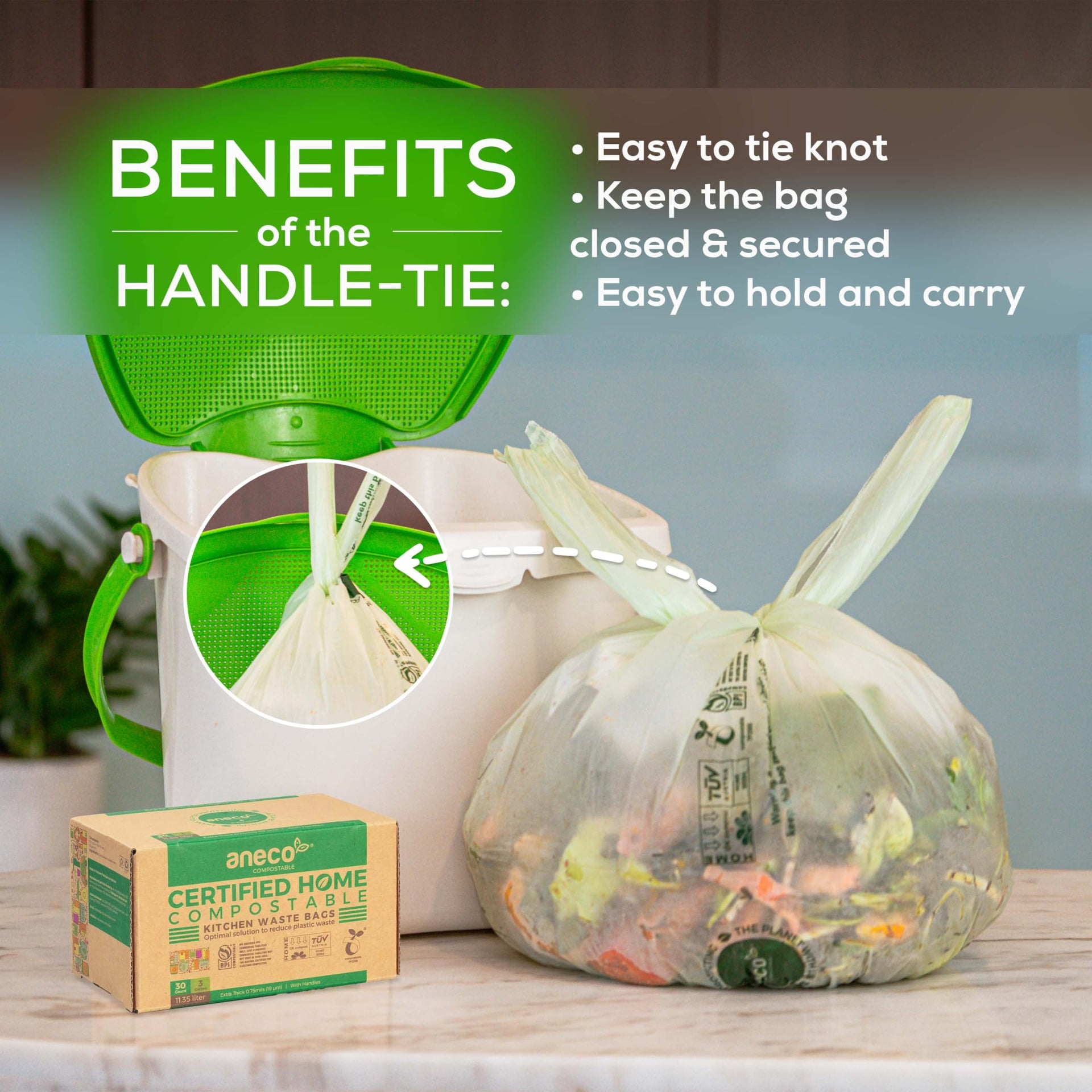 Compostable Food Waste Bags 3 Gallon With Handles (30 Count)
