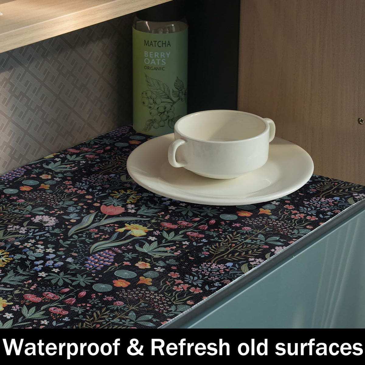 Black Floral Shelf Drawer Liners Non