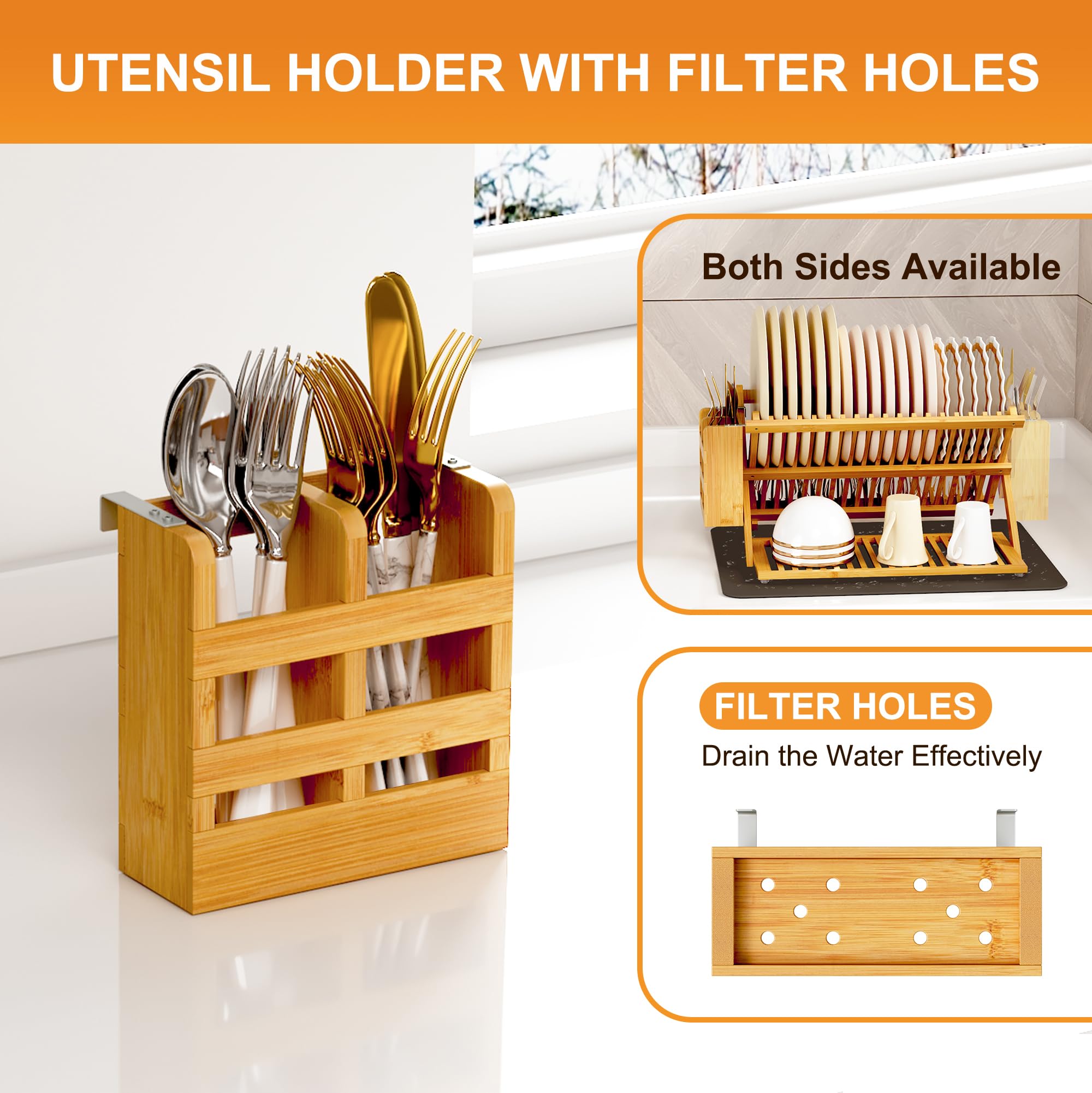 Bamboo Dish Drying Rack with Utensil Holder