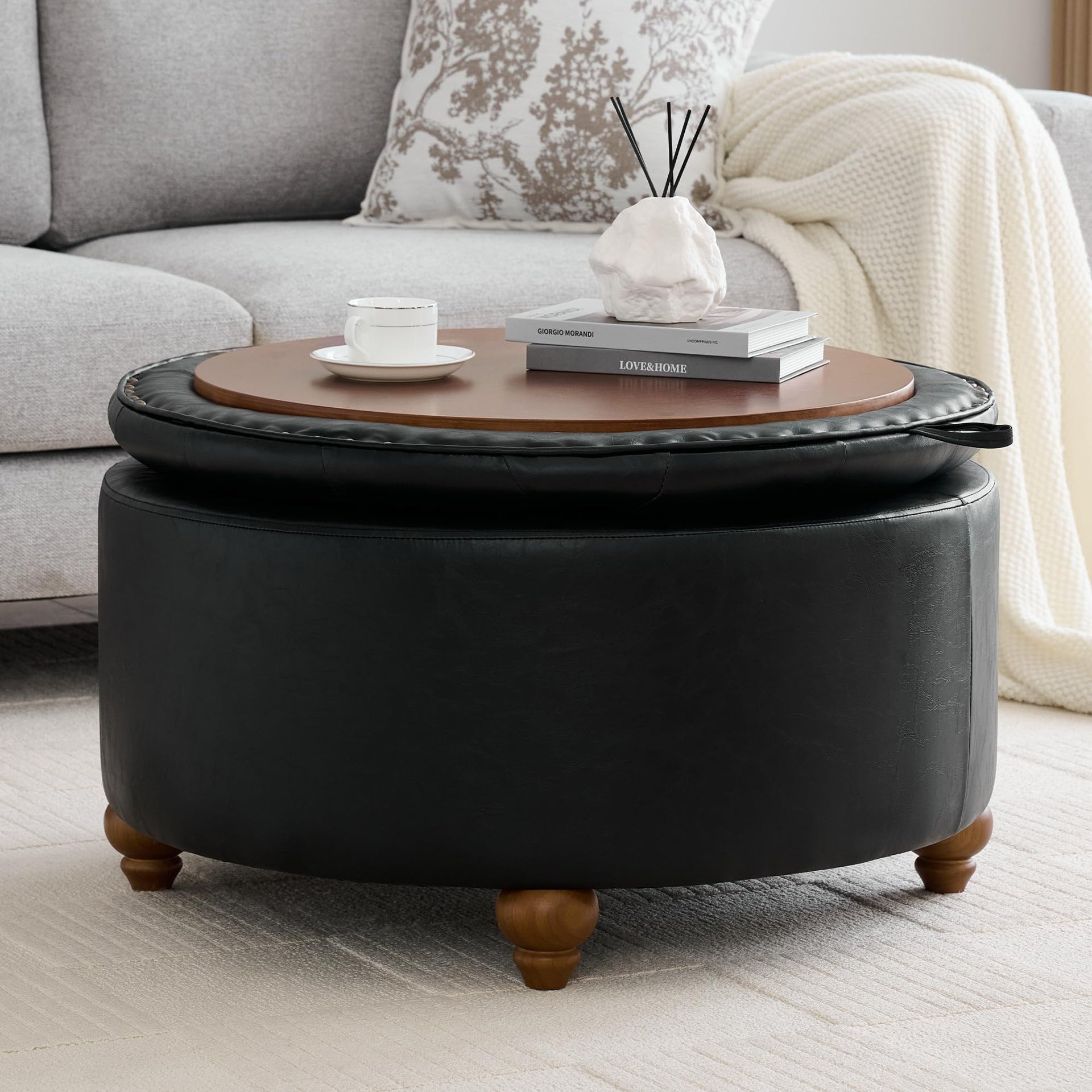 30Inch Round Storage Ottoman with Tray
