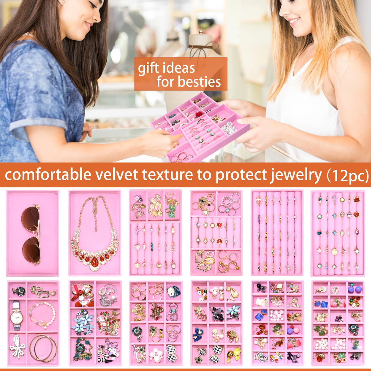12 Set Jewelry Tray Stackable Velvet Jewelry Organizer Trays for Drawers Inserts Earrings Necklace Rings Jewelry for Women (12 Count)