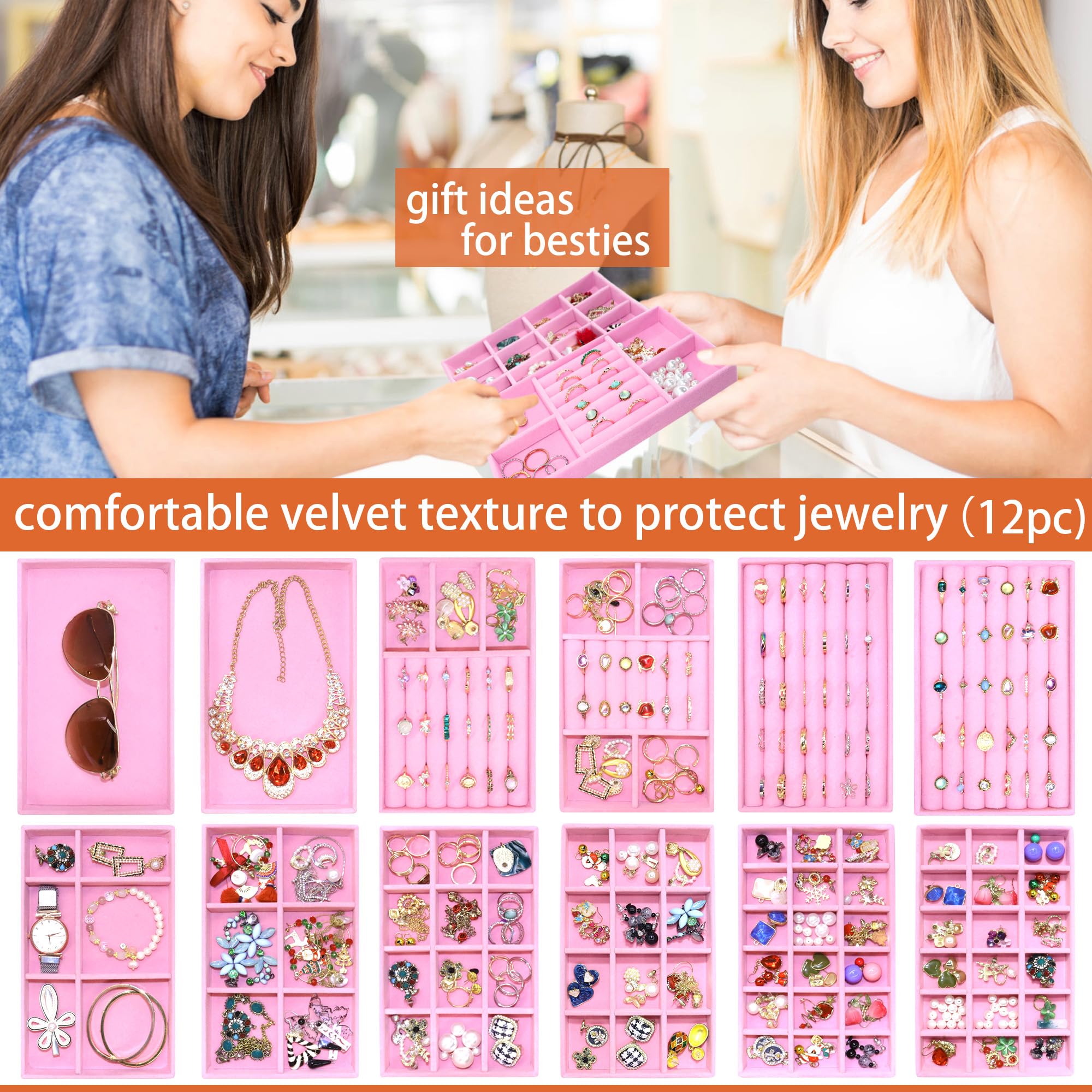 12 Set Jewelry Tray Stackable Velvet Jewelry Organizer Trays for Drawers Inserts Earrings Necklace Rings Jewelry for Women (12 Count)