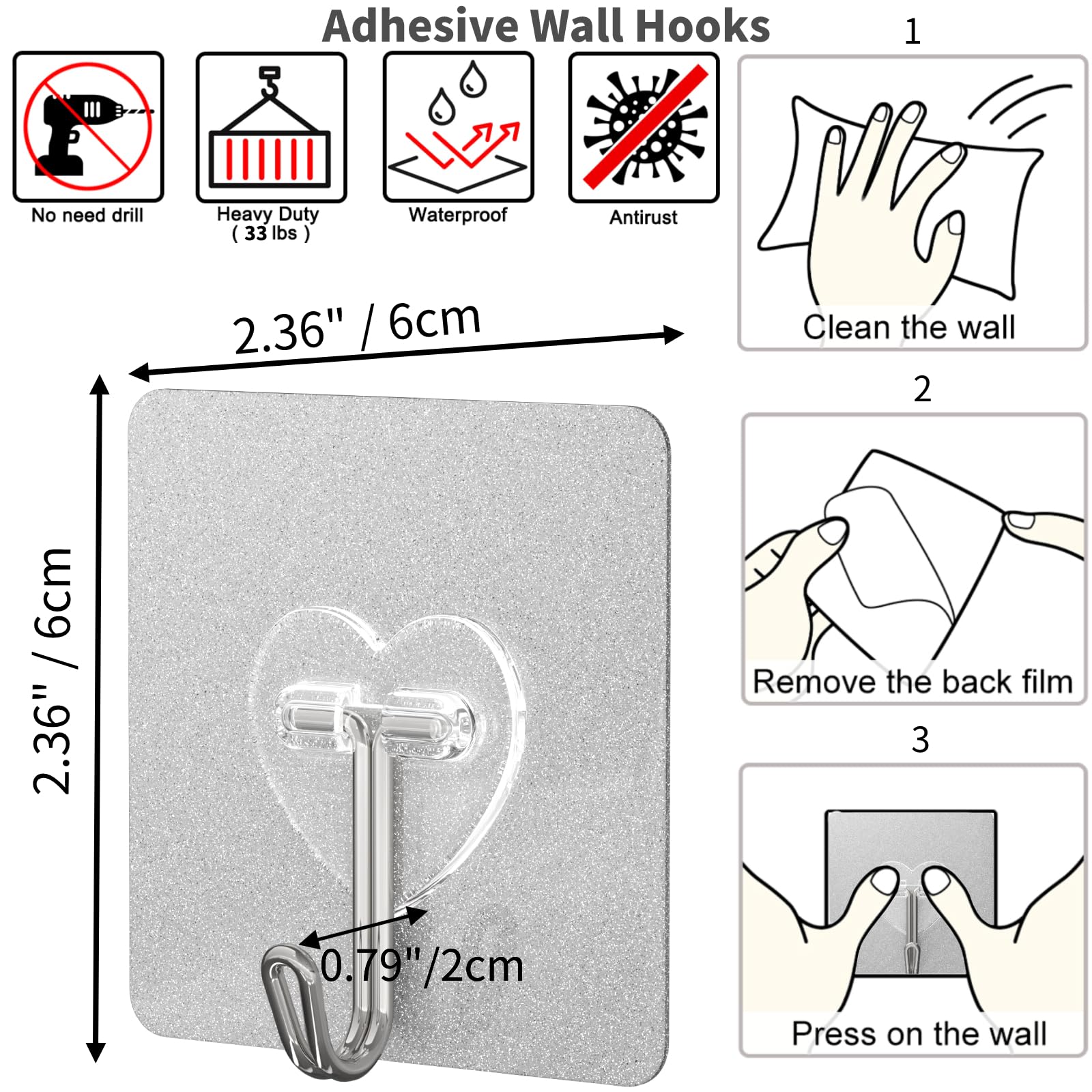 20 Pcs Adhesive Hooks for Hanging 22lb Self Adhesive Wall Hooks Heavy Duty Waterproof Transparent Sticky Hook for Shower Home Bathroom Kitchen Office (20 Count)