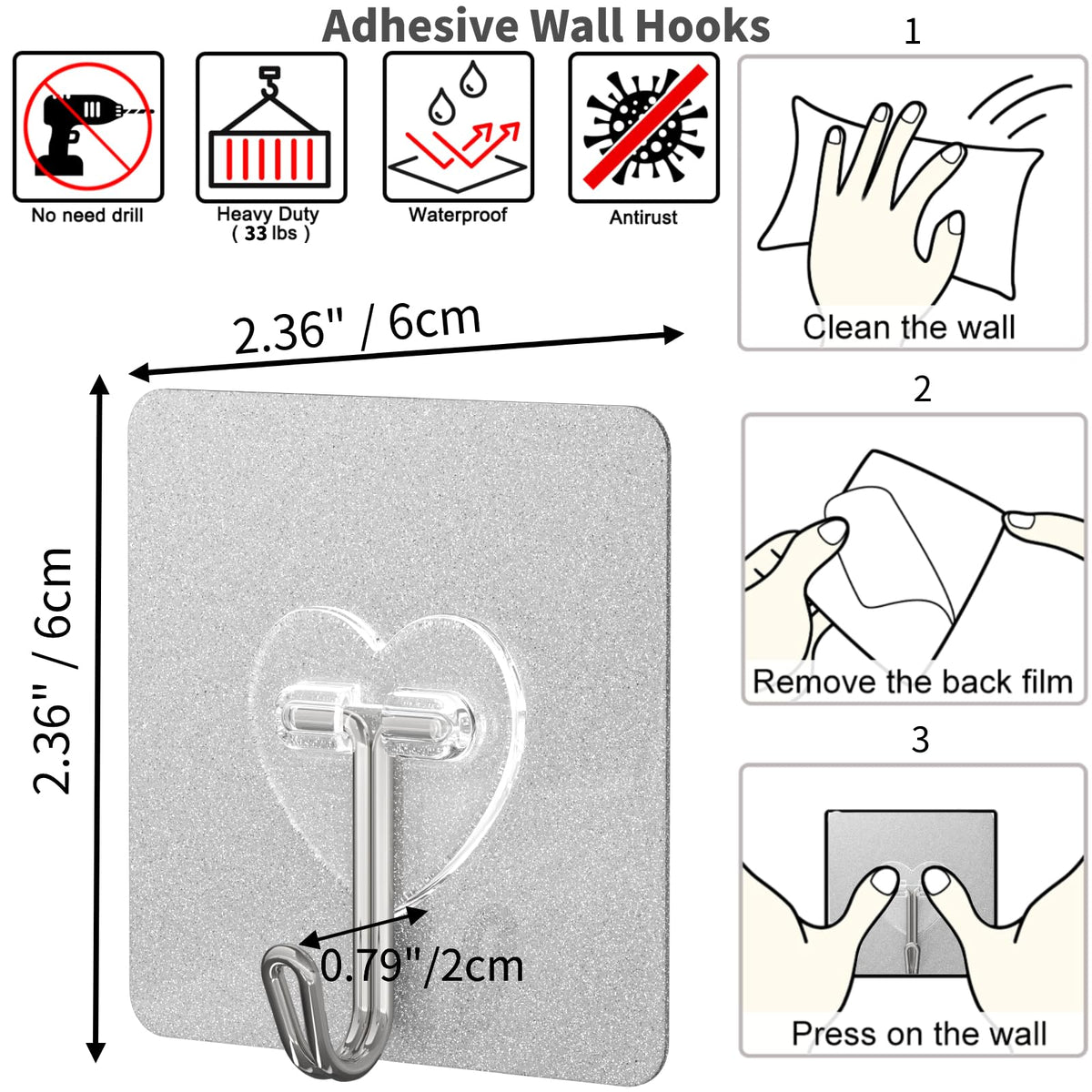 20 Pcs Adhesive Hooks for Hanging 22lb Self Adhesive Wall Hooks Heavy Duty Waterproof Transparent Sticky Hook for Shower Home Bathroom Kitchen Office (20 Count)