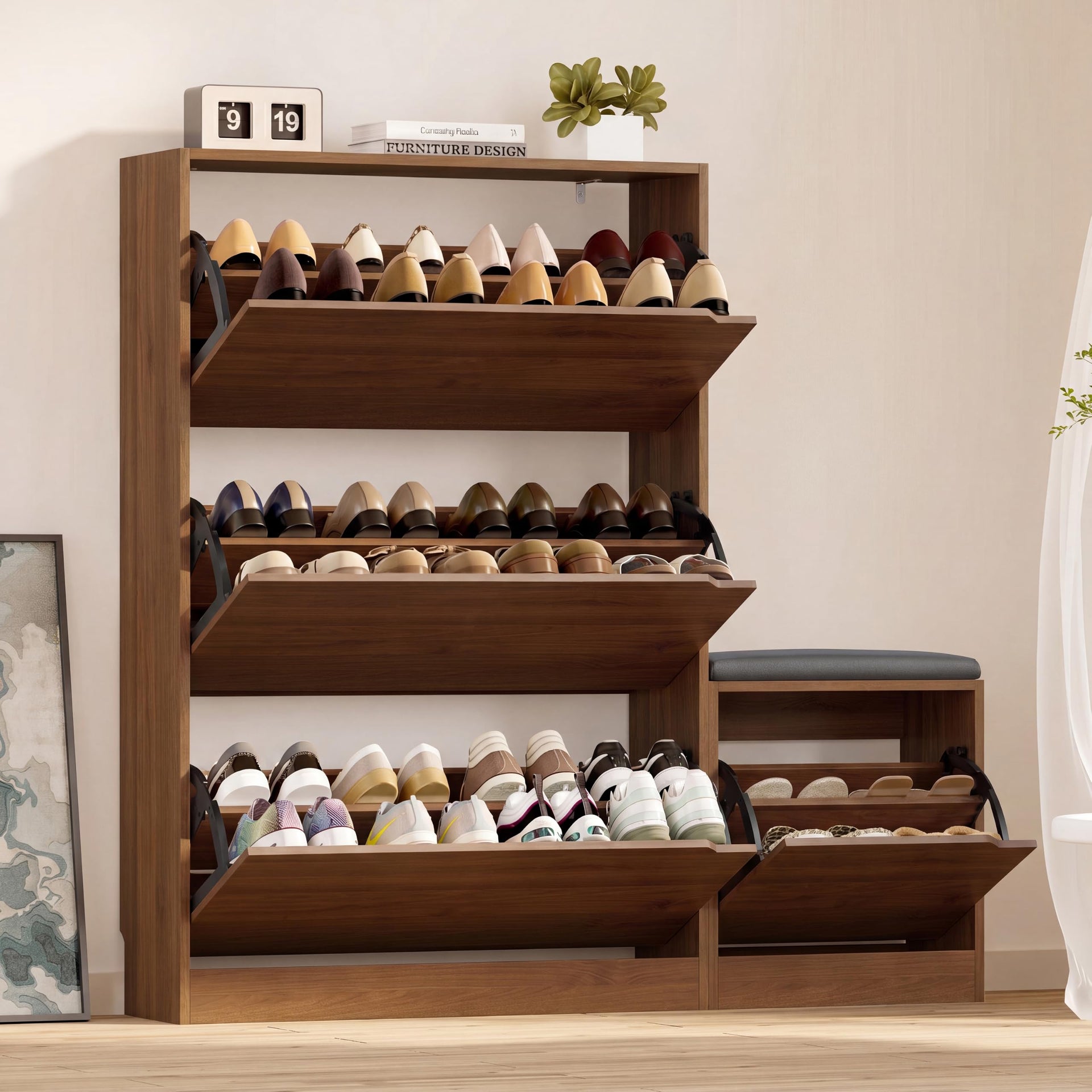 Shoe Cabinet with Bench and 3 Flip Drawers