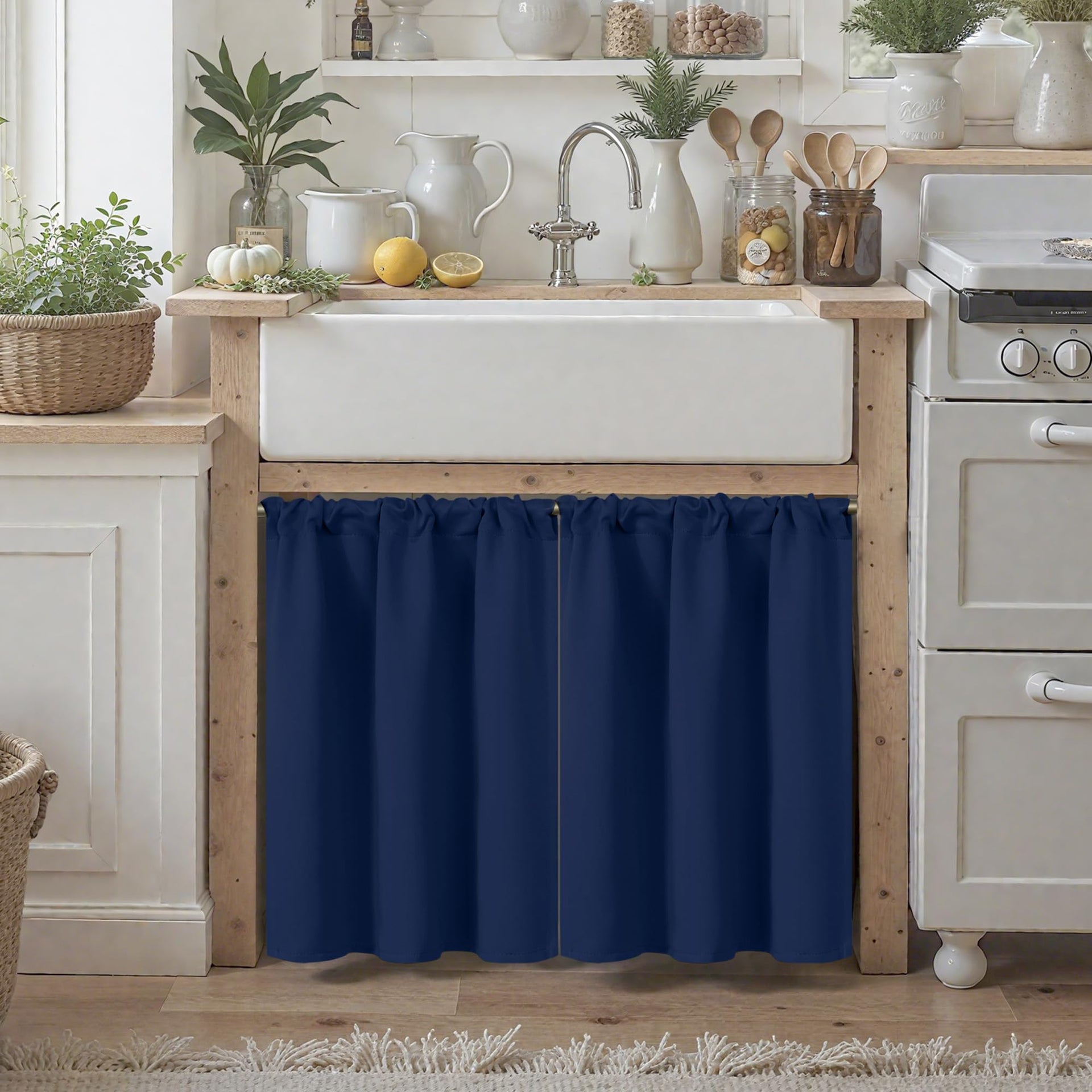 Navy Blue Kitchen Window Curtains Over Sink 36 Inch Length (2 Count)