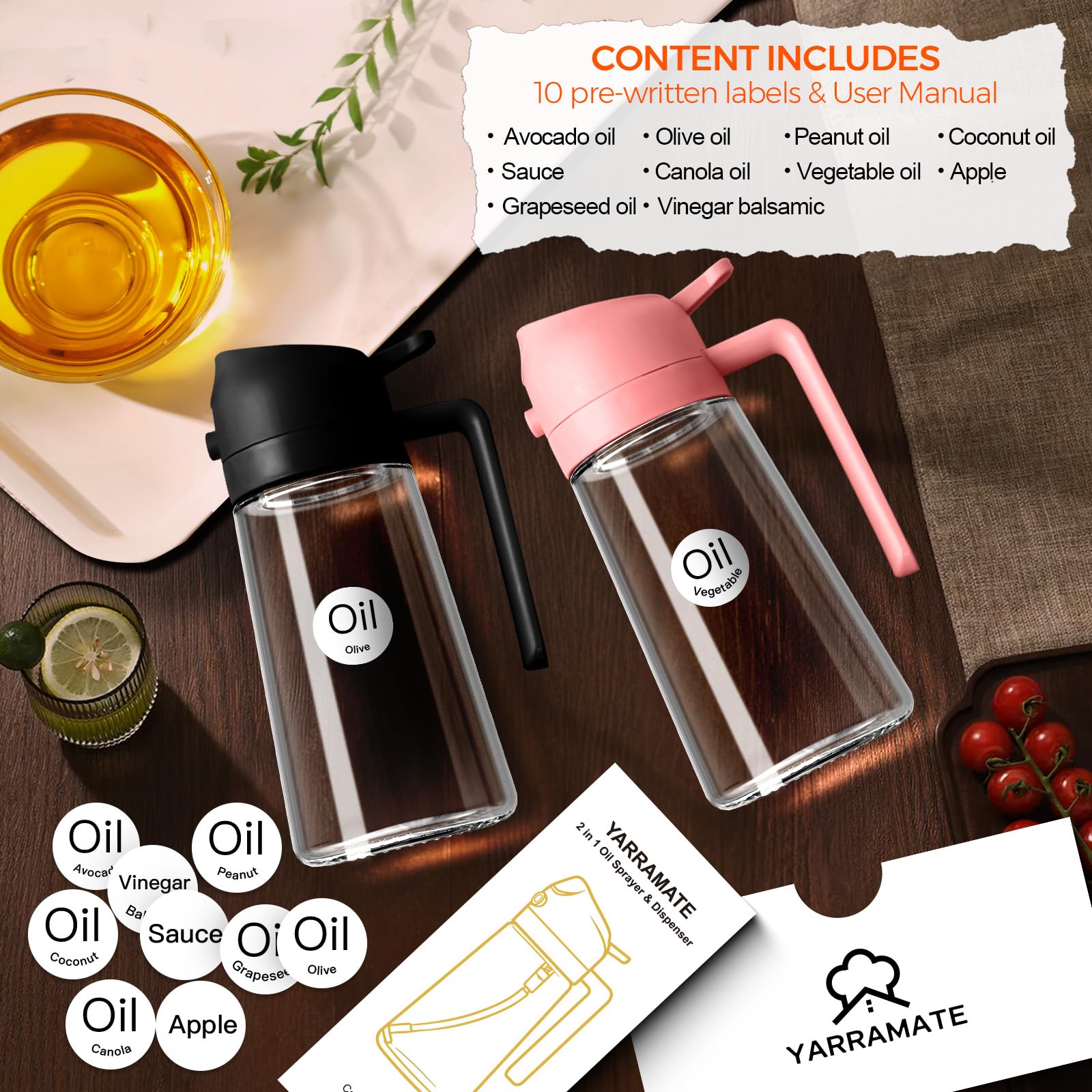 2Pcs 16oz 470ml Glass Olive Oil Sprayer for Cooking with Stickers